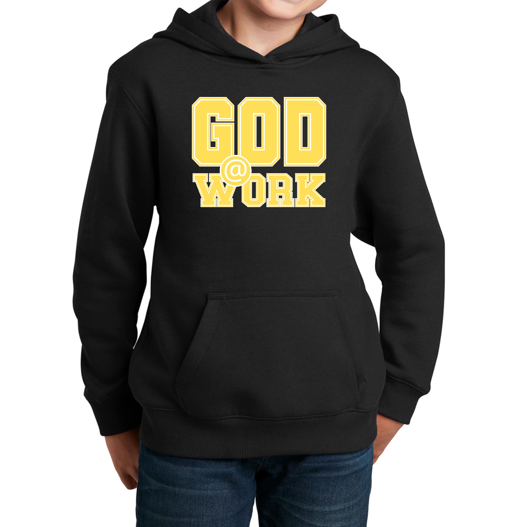 Youth long sleeve hoodie in yellow and white with God @ Work graphic print, showcasing a comfortable and stylish design.