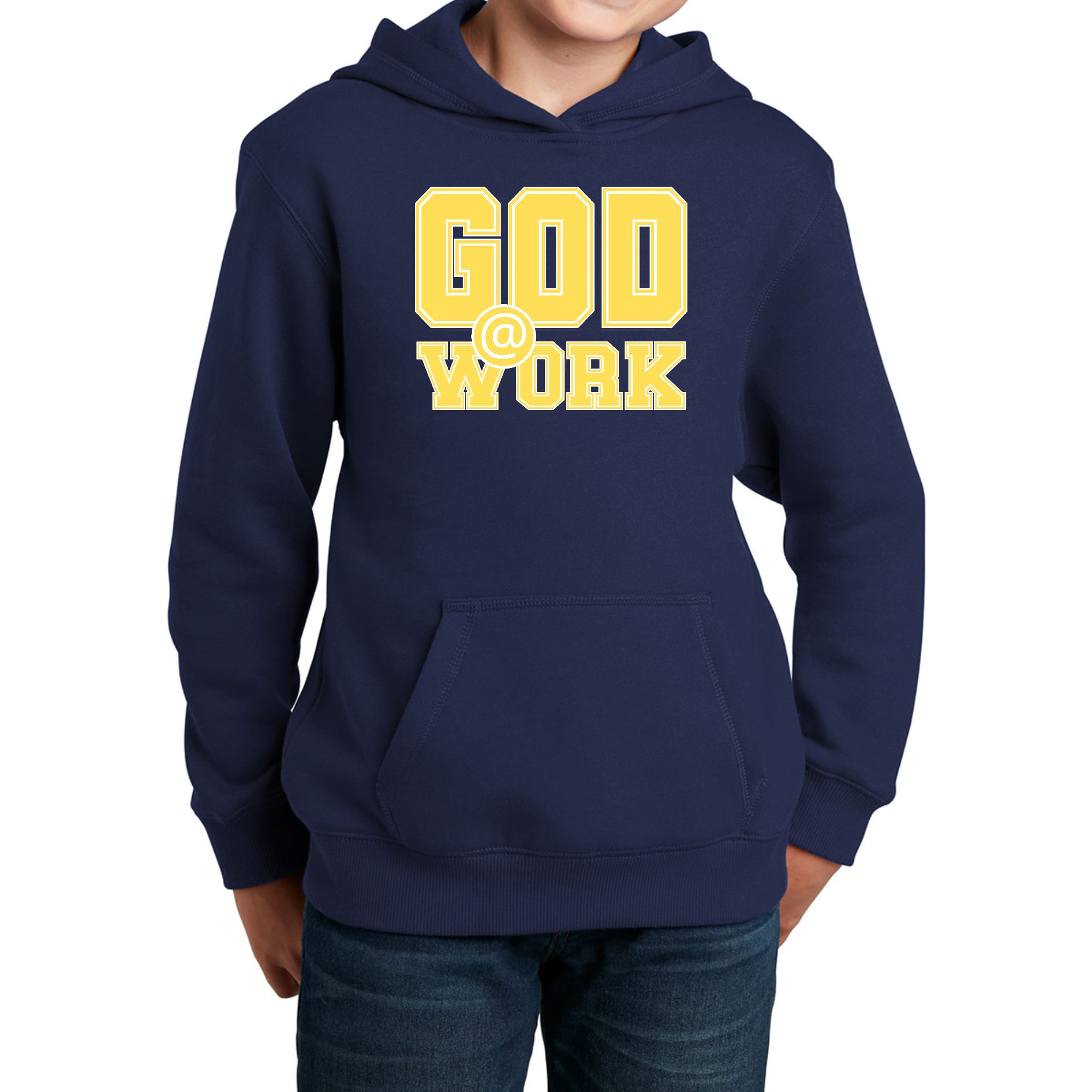 Youth long sleeve hoodie in yellow and white with God @ Work graphic print, showcasing a comfortable and stylish design.