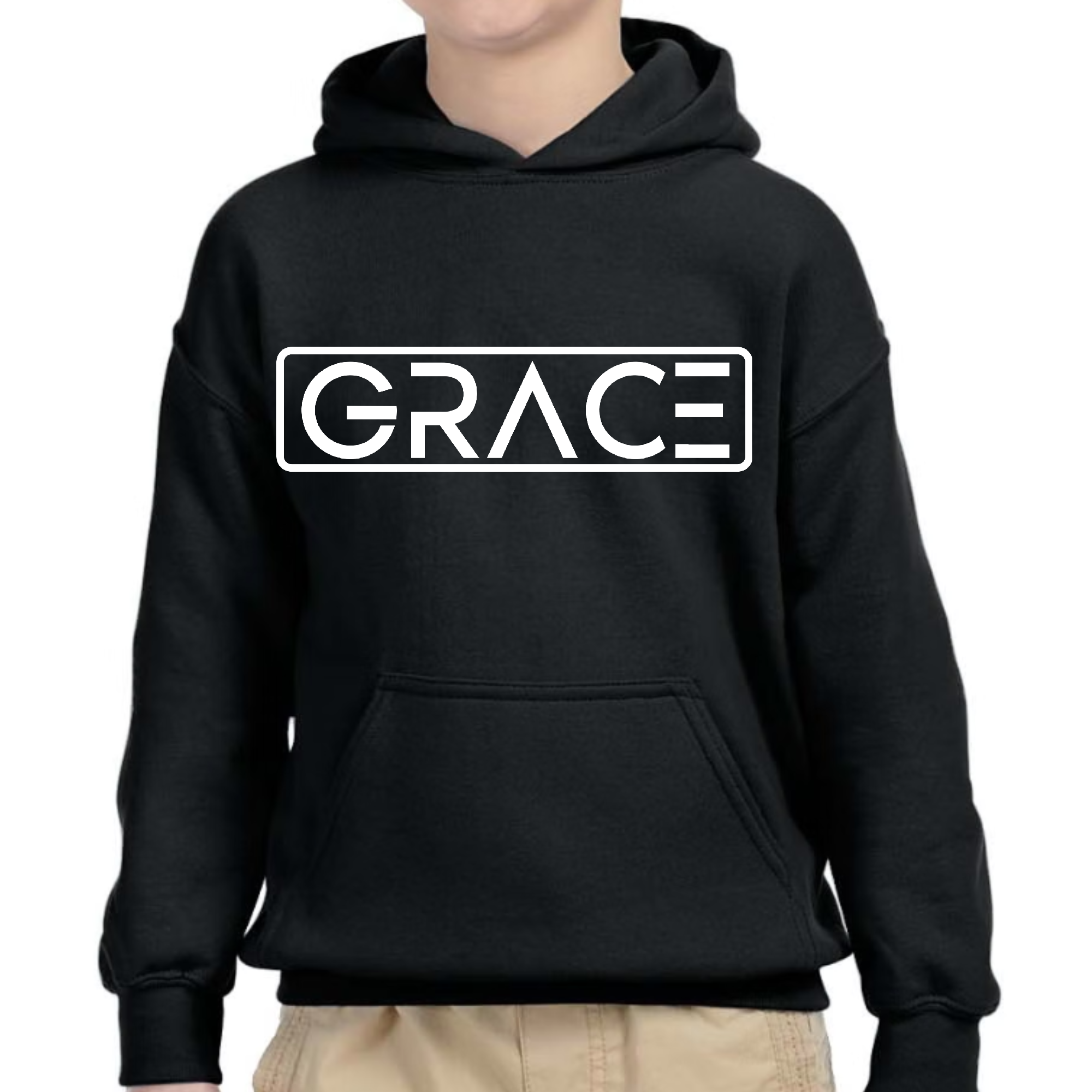 Youth Long Sleeve Hoodie Grace in a stylish graphic design, featuring a drawstring neckline and long sleeves, perfect for casual wear.