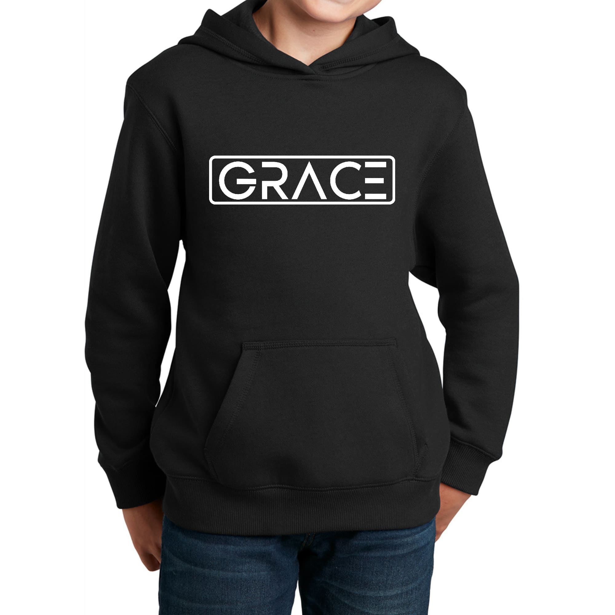 Youth Long Sleeve Hoodie Grace in a stylish graphic design, featuring a drawstring neckline and long sleeves, perfect for casual wear.