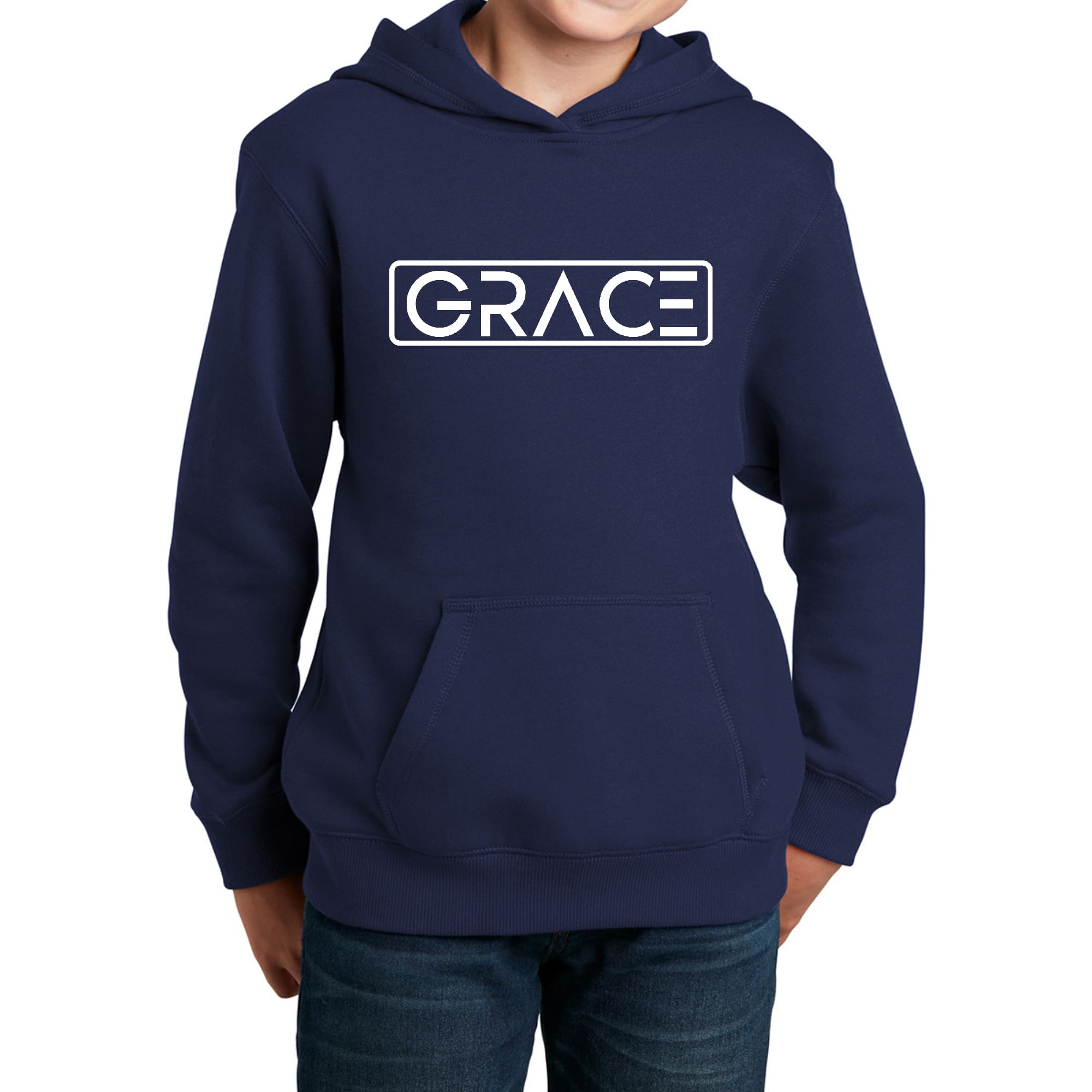 Youth Long Sleeve Hoodie Grace in a stylish graphic design, featuring a drawstring neckline and long sleeves, perfect for casual wear.