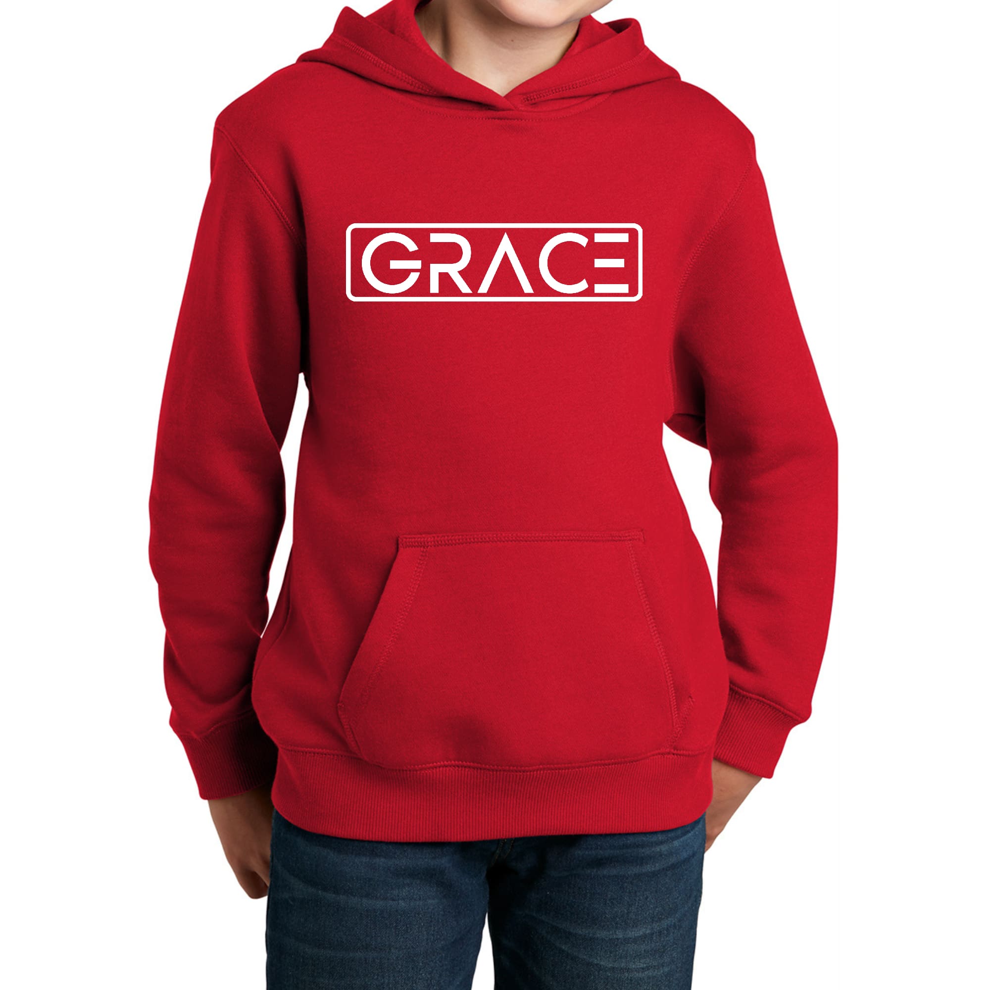 Youth Long Sleeve Hoodie Grace in a stylish graphic design, featuring a drawstring neckline and long sleeves, perfect for casual wear.