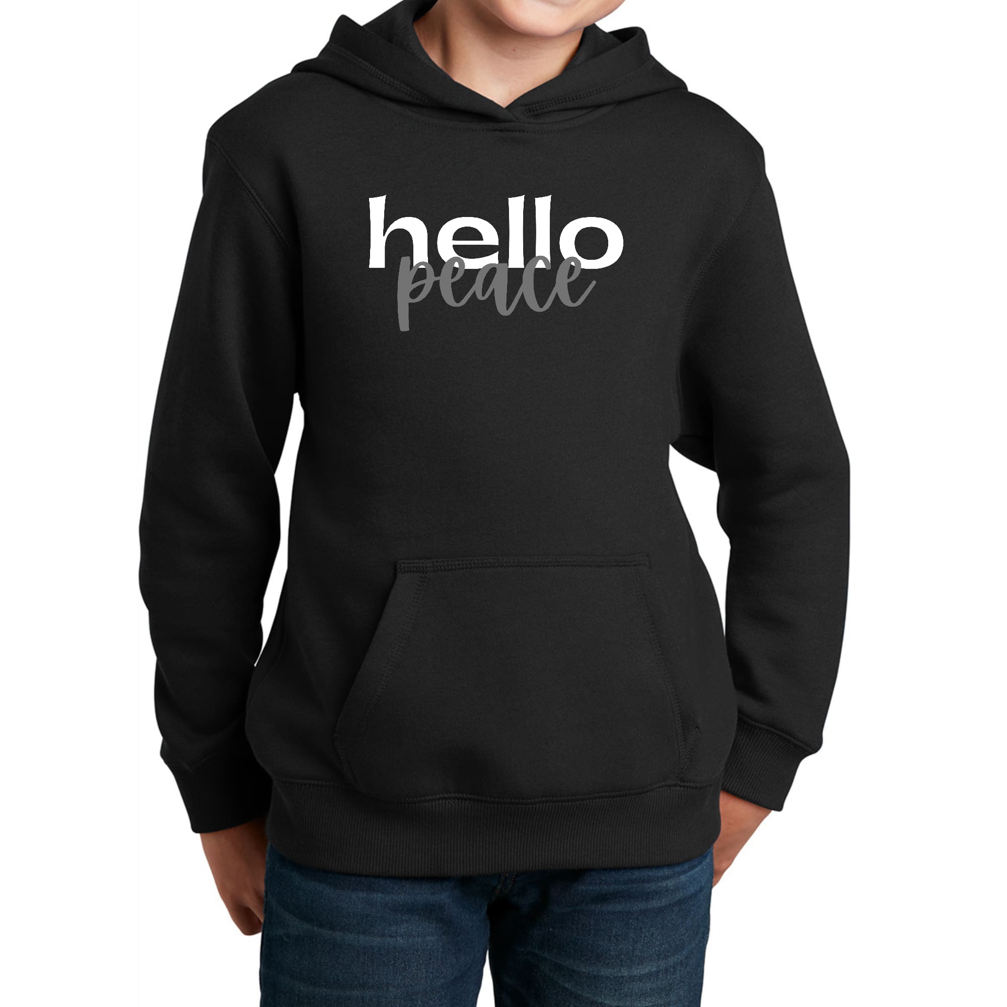 Youth Long Sleeve Hoodie Hello Peace in White and Gray featuring a drawstring neckline and long sleeves, perfect for creative individuals.