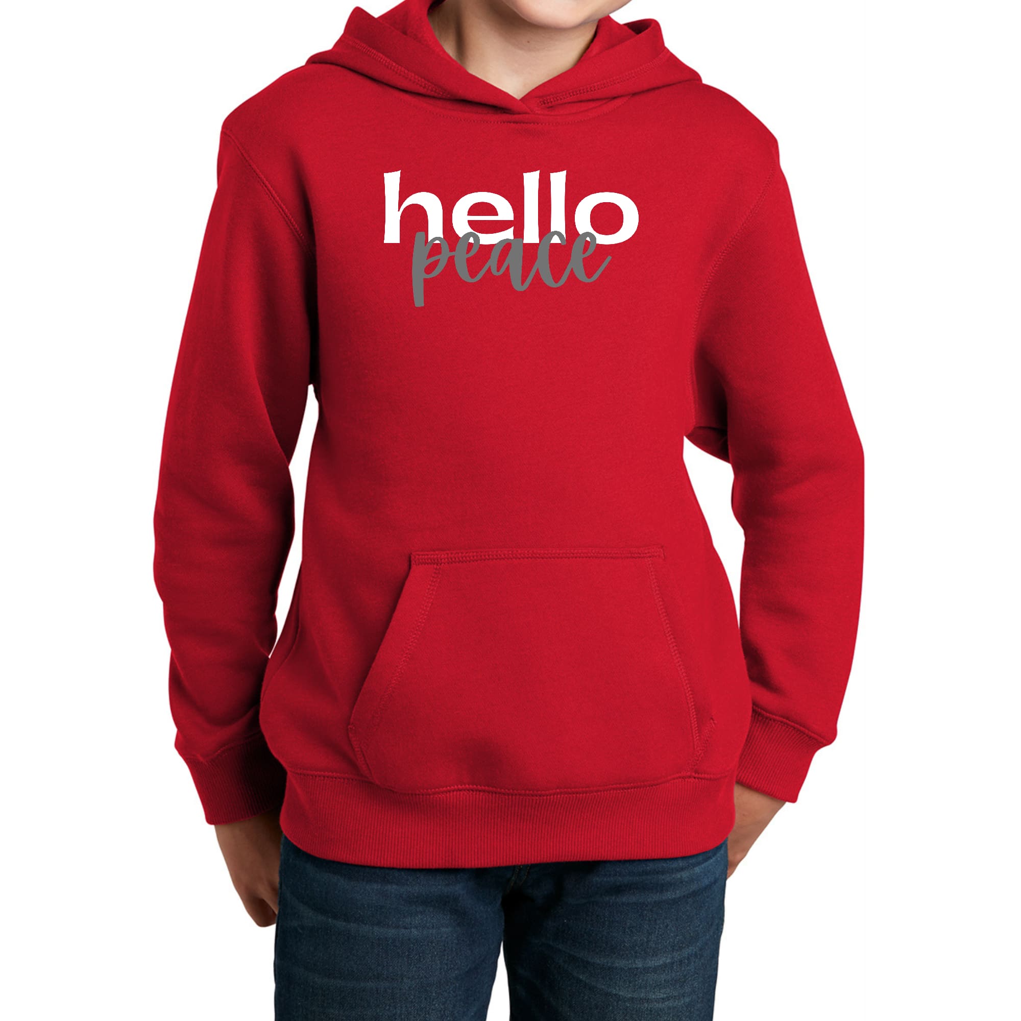 Youth Long Sleeve Hoodie Hello Peace in White and Gray featuring a drawstring neckline and long sleeves, perfect for creative individuals.