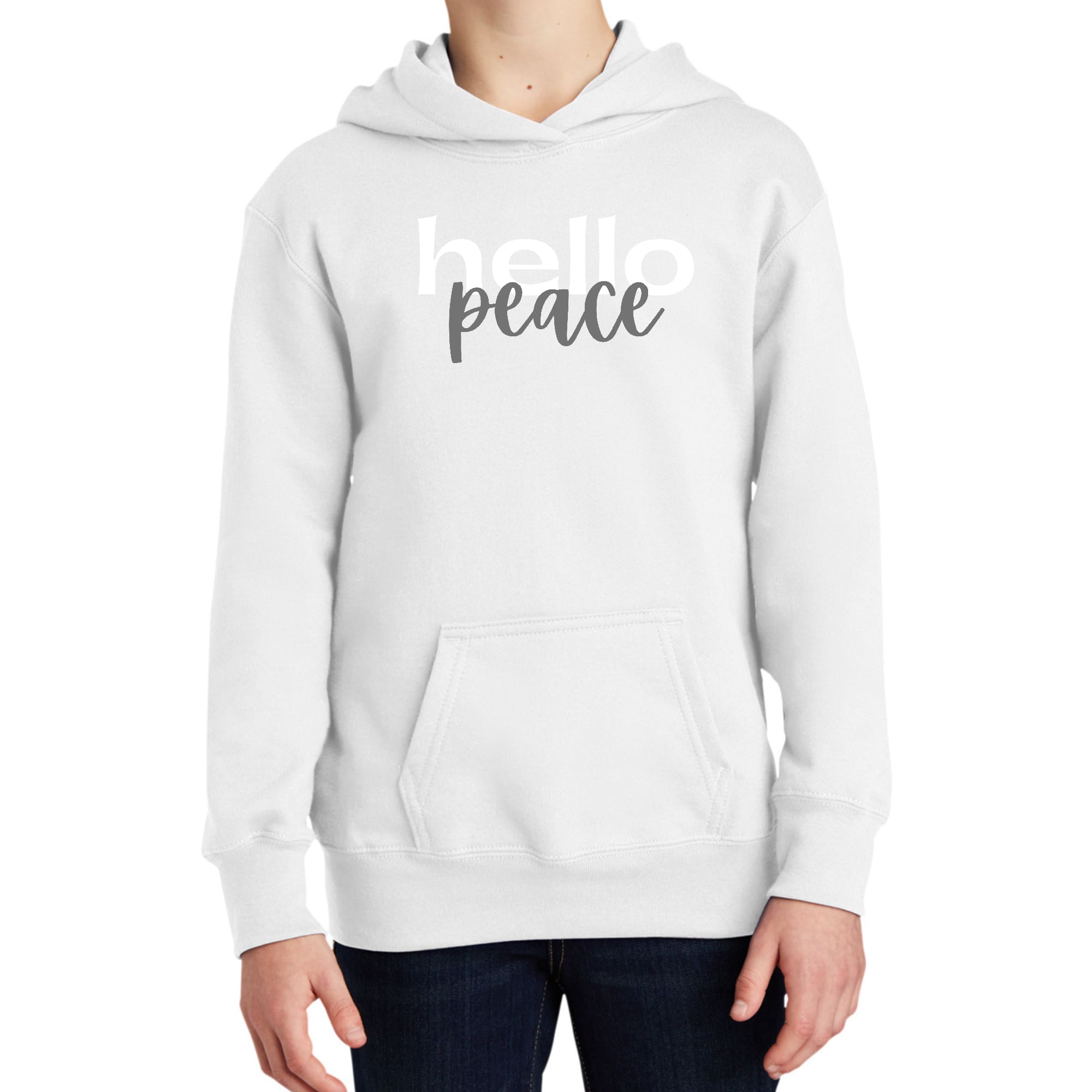 Youth Long Sleeve Hoodie Hello Peace in White and Gray featuring a drawstring neckline and long sleeves, perfect for creative individuals.