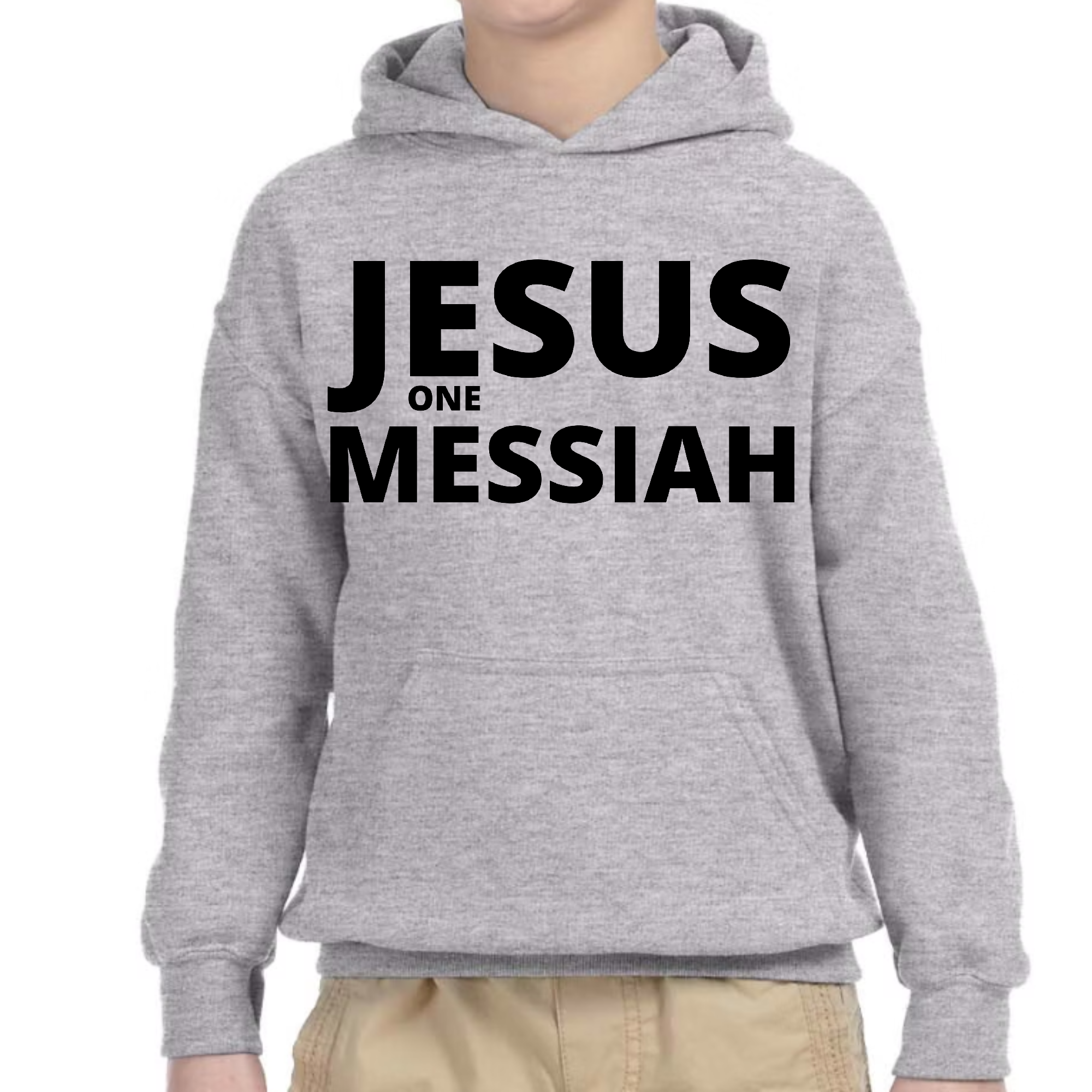 Youth long sleeve hoodie featuring a black illustration of Jesus, perfect for comfort and style.