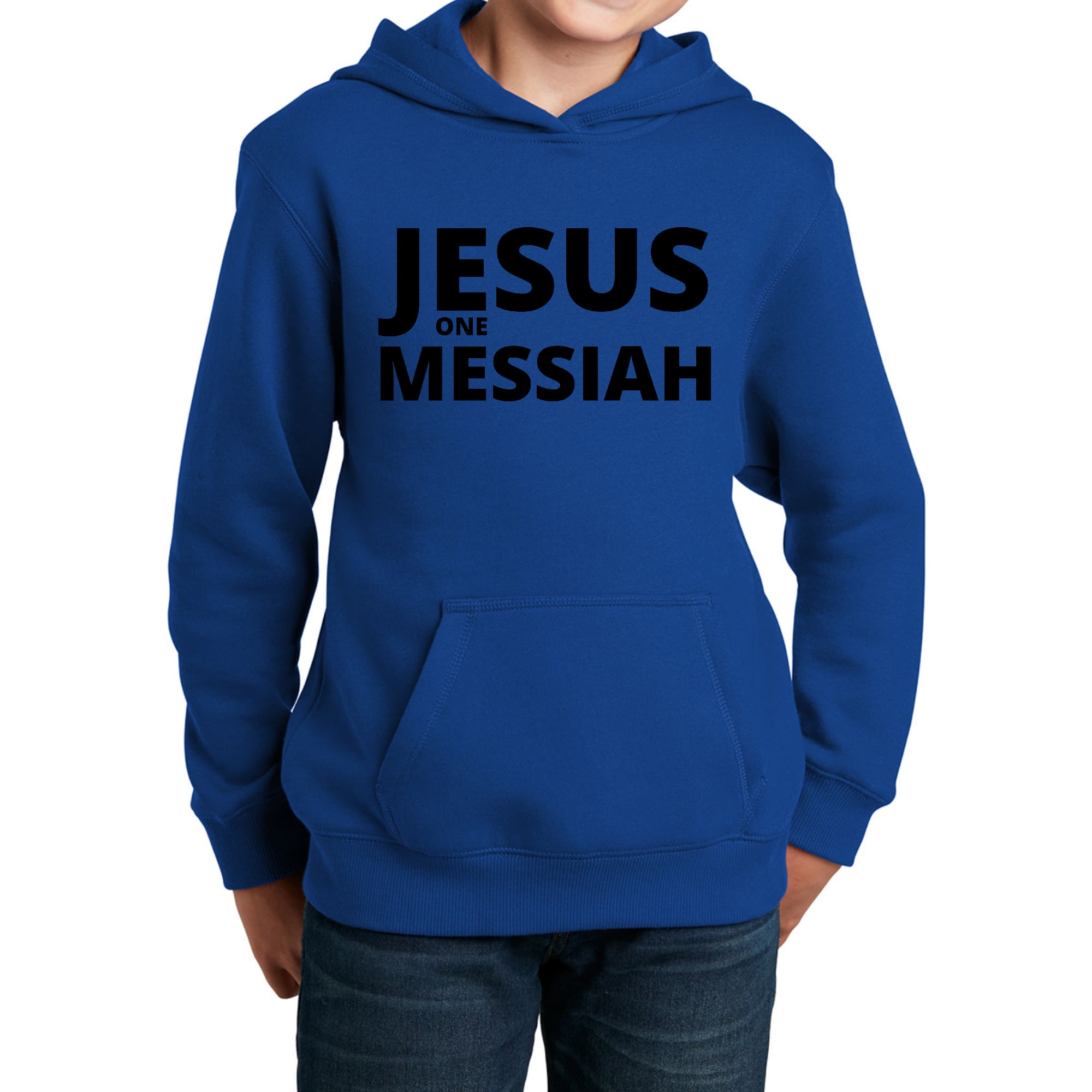 Youth long sleeve hoodie featuring a black illustration of Jesus, perfect for comfort and style.