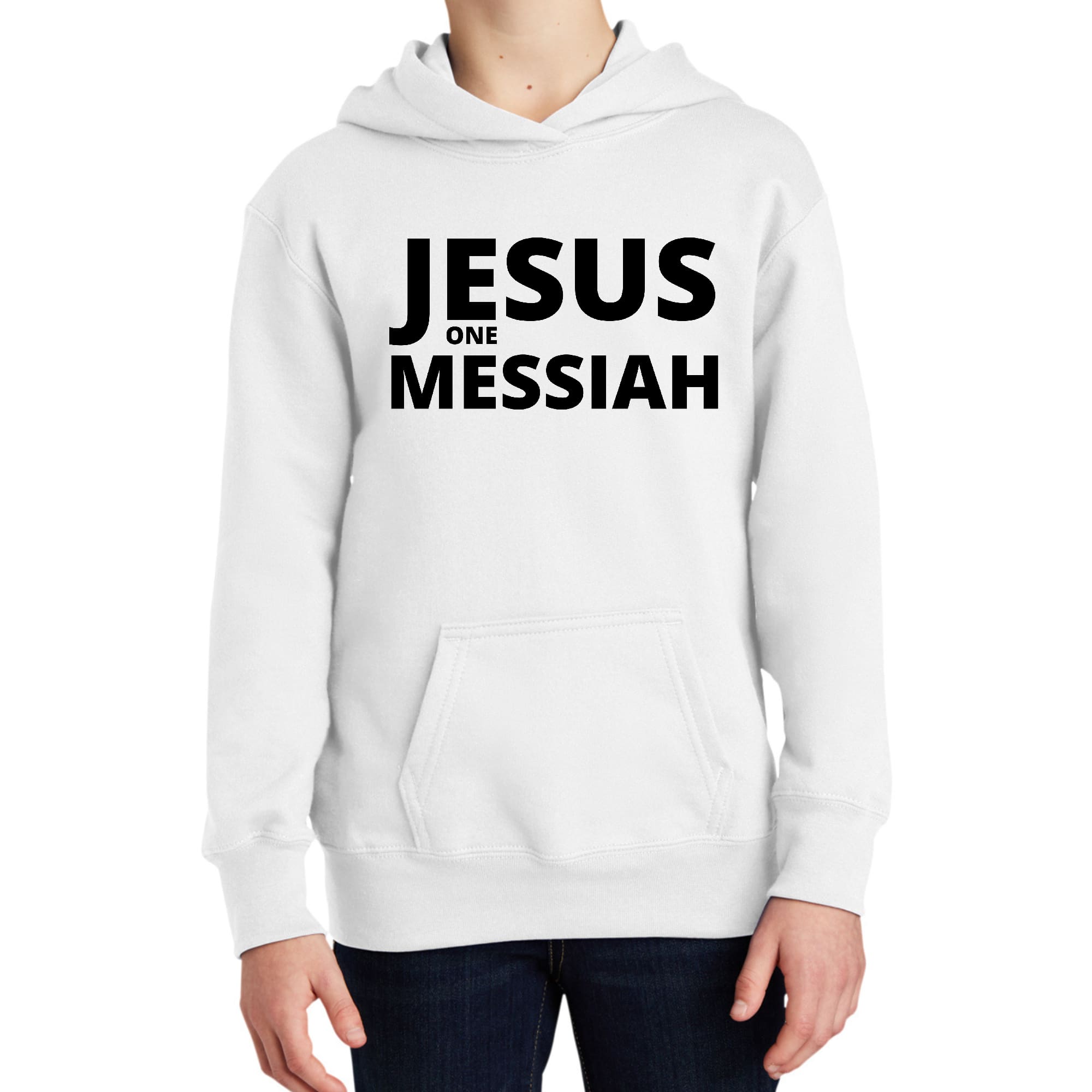 Youth long sleeve hoodie featuring a black illustration of Jesus, perfect for comfort and style.