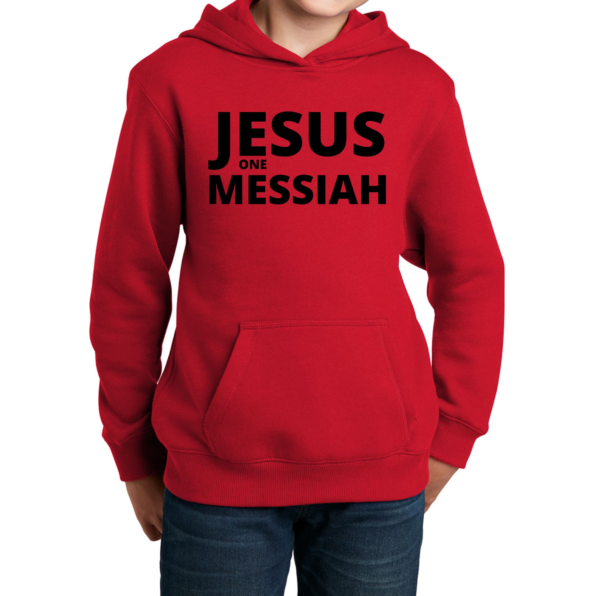 Youth long sleeve hoodie featuring a black illustration of Jesus, perfect for comfort and style.