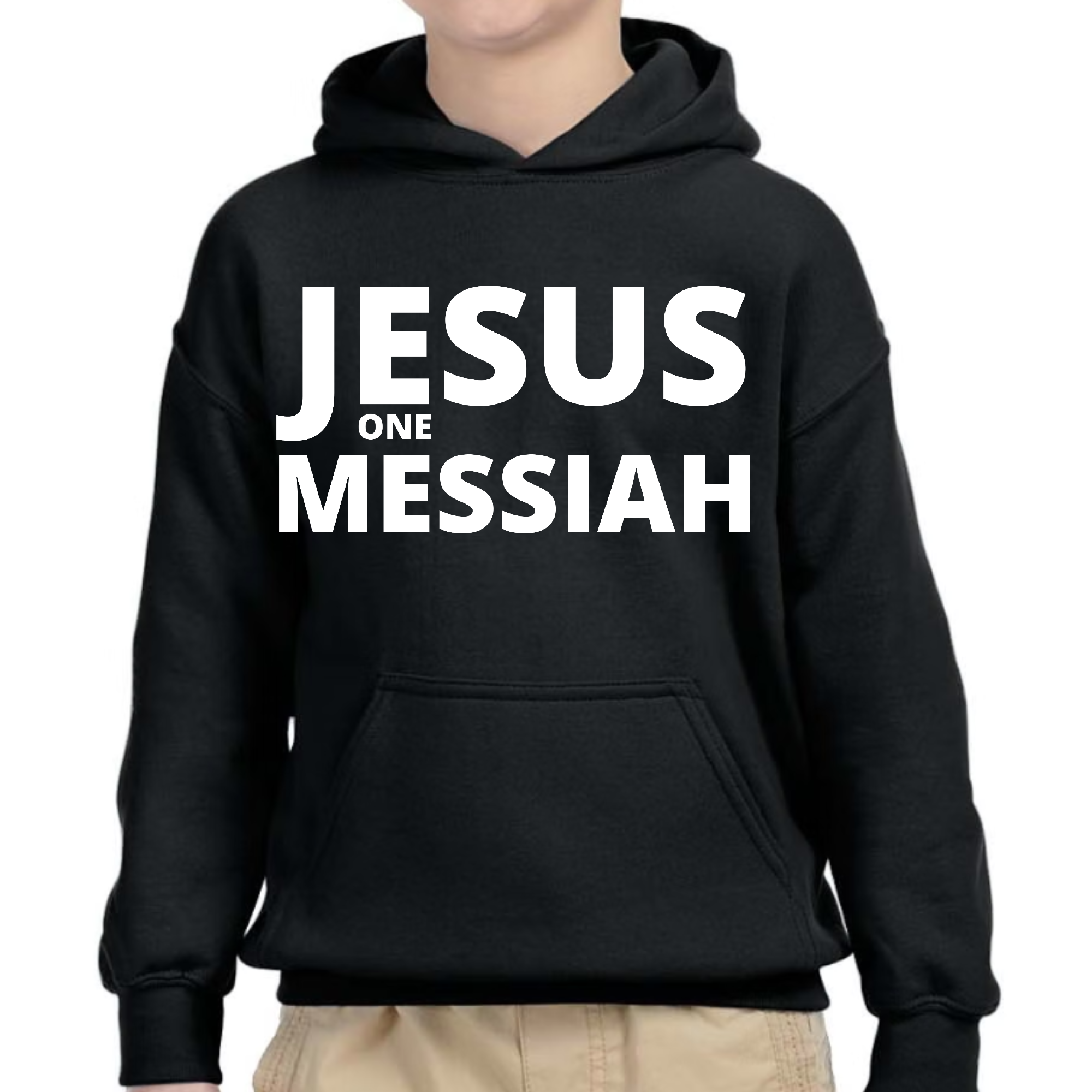 Youth Long Sleeve Hoodie featuring Jesus, the Messiah, in a stylish design with drawstring neckline.