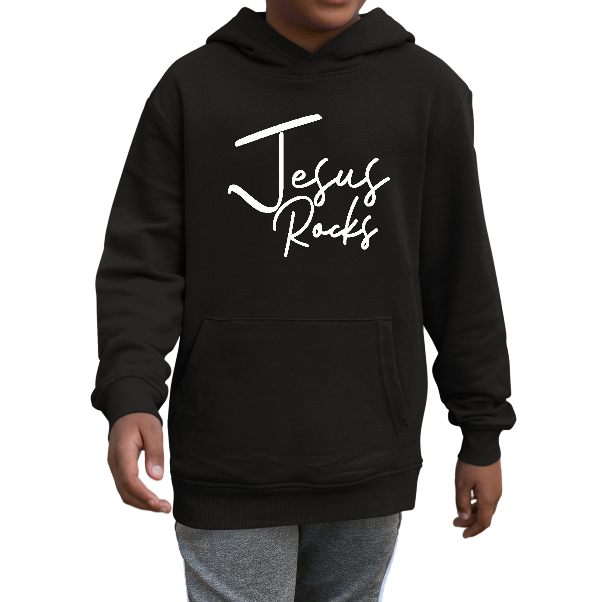 Youth long sleeve hoodie with Jesus Rocks print, featuring a drawstring neckline and durable fabric.