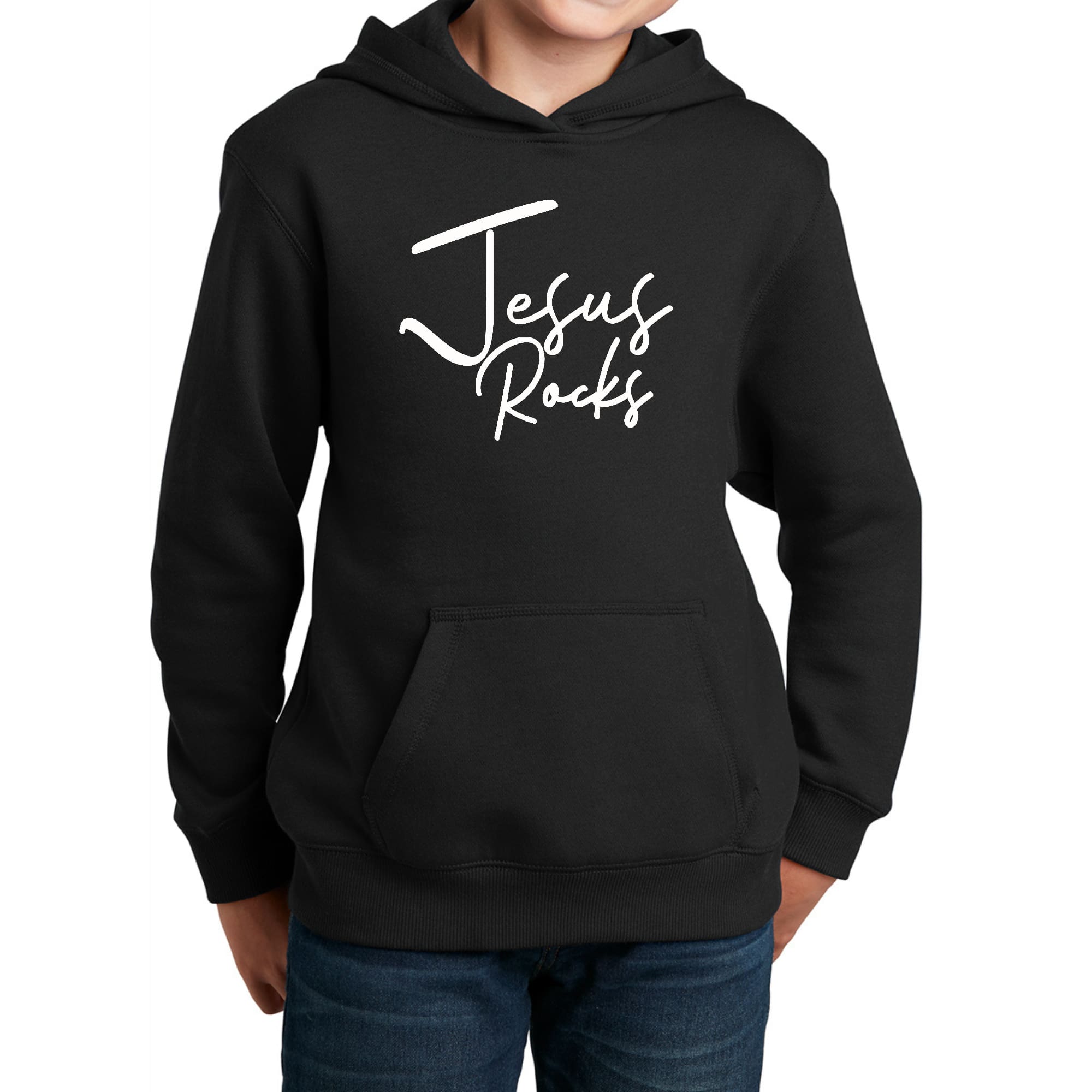 Youth long sleeve hoodie with Jesus Rocks print, featuring a drawstring neckline and durable fabric.