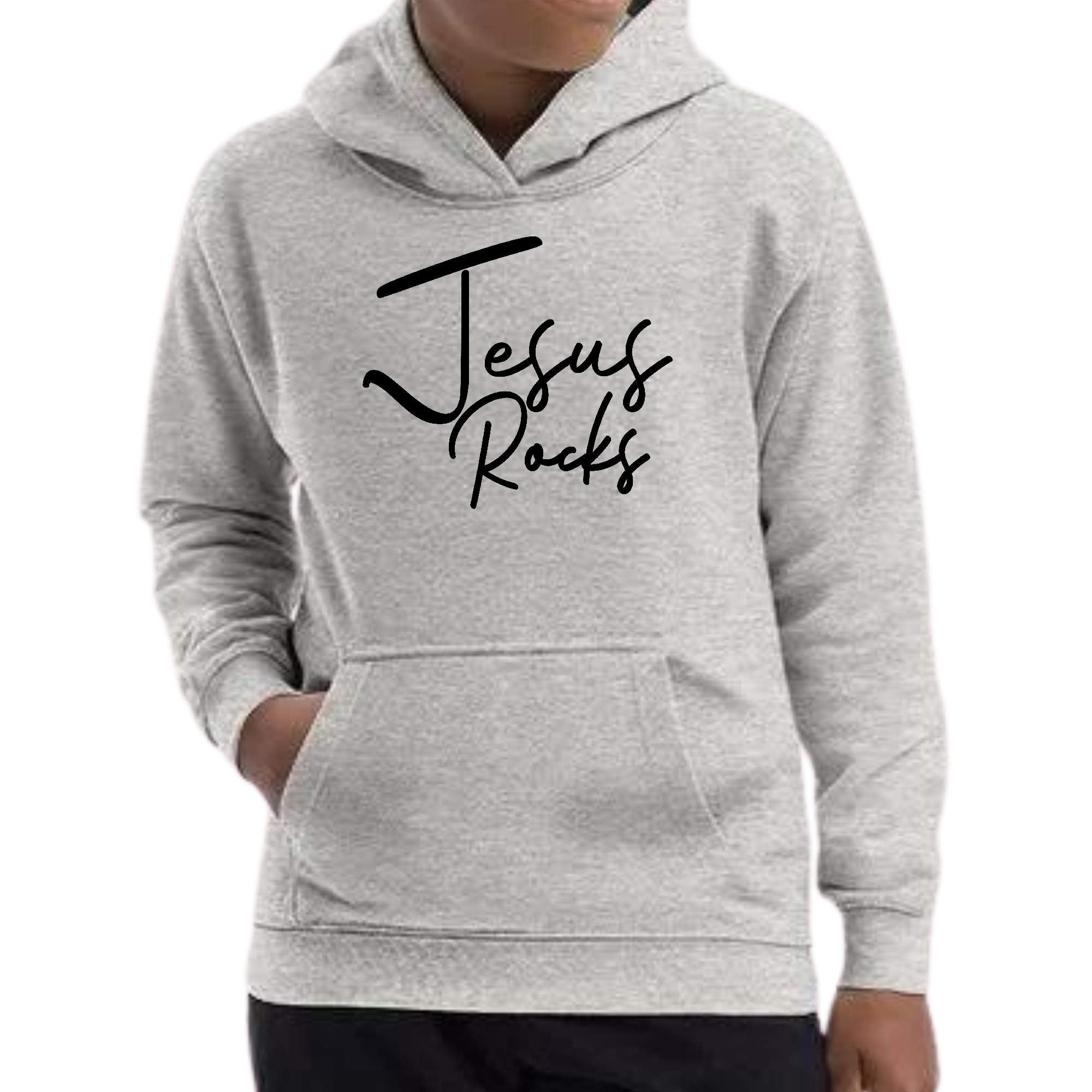 Youth long sleeve hoodie featuring 'Jesus Rocks' print in black, made from soft cotton-polyester blend, perfect for boys and girls.