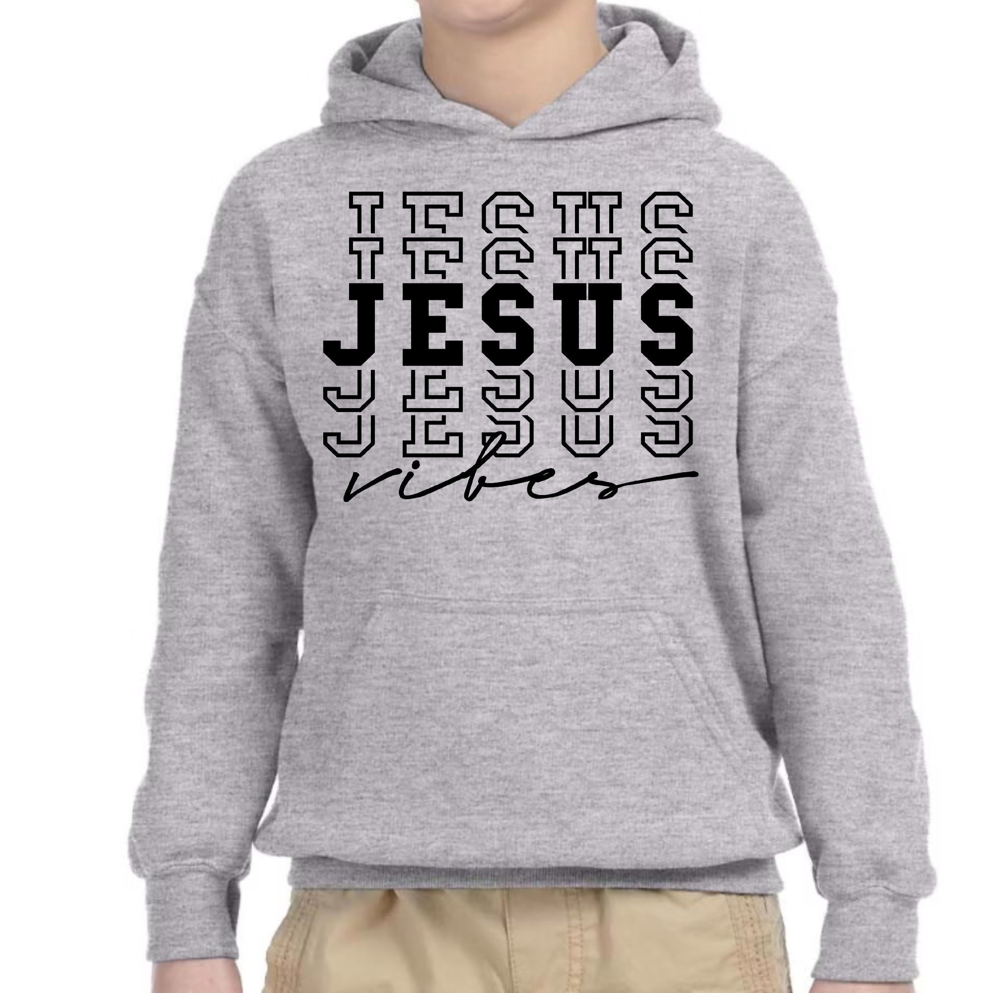 Youth Long Sleeve Hoodie featuring Jesus Vibes graphic design, showcasing a comfortable fit and stylish look.