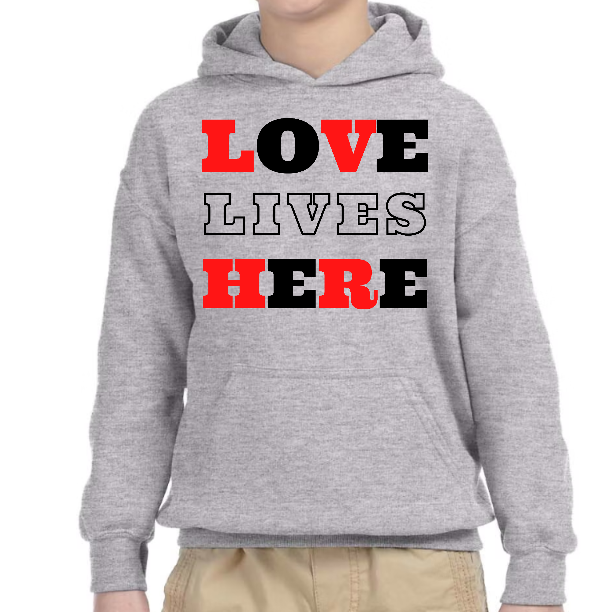 Youth Long Sleeve Hoodie in Christian Red and Black featuring Love Lives Here design, perfect for casual wear.