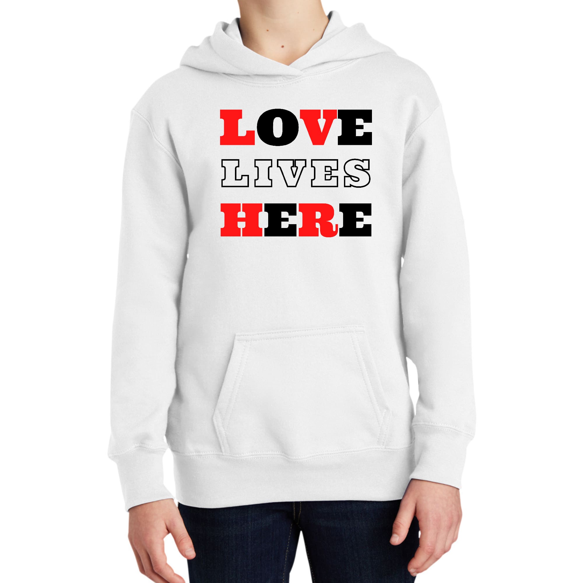 Youth Long Sleeve Hoodie in Christian Red and Black featuring Love Lives Here design, perfect for casual wear.