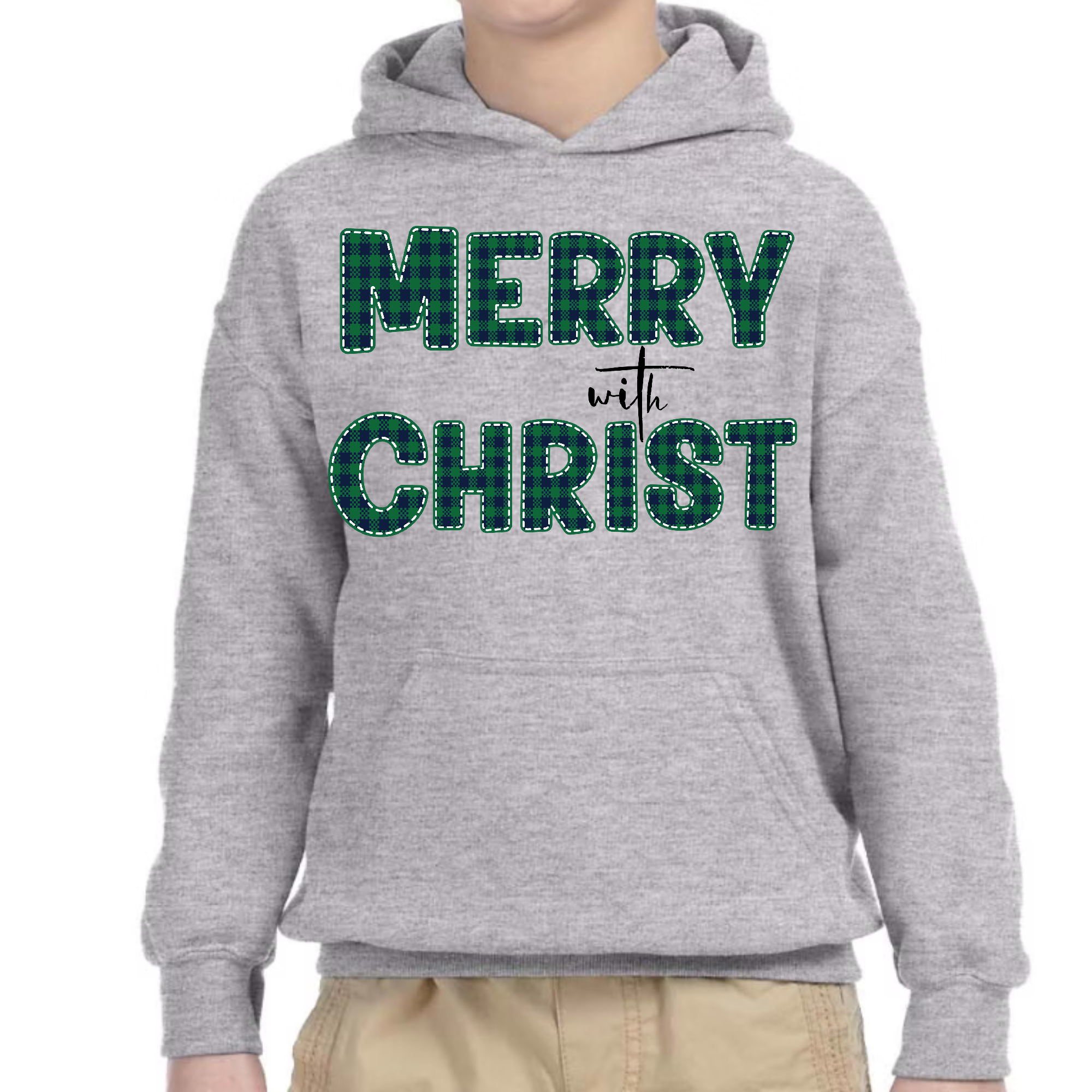 Youth long sleeve hoodie in green plaid with Merry with Christ design, perfect for Christmas celebrations.