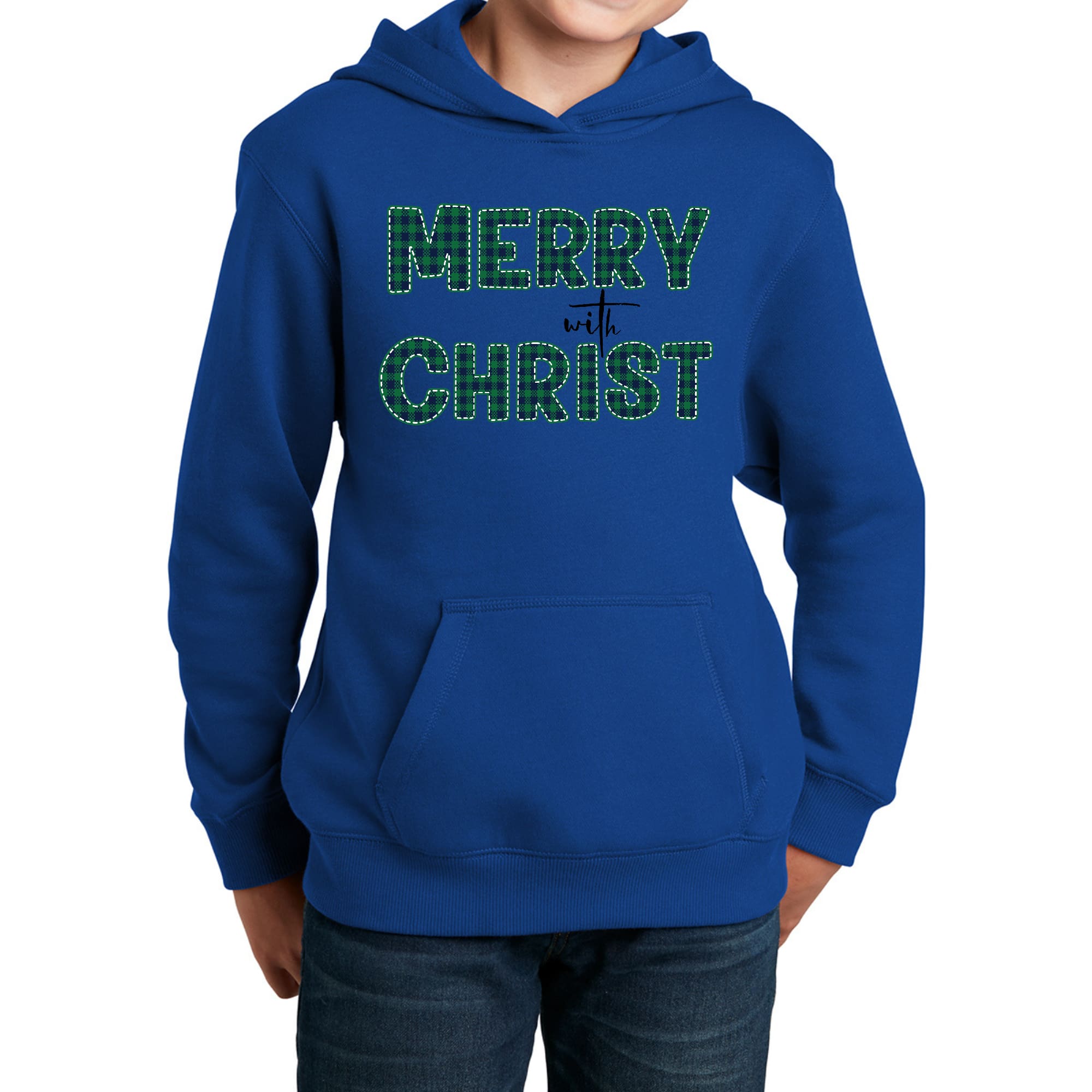 Youth long sleeve hoodie in green plaid with Merry with Christ design, perfect for Christmas celebrations.