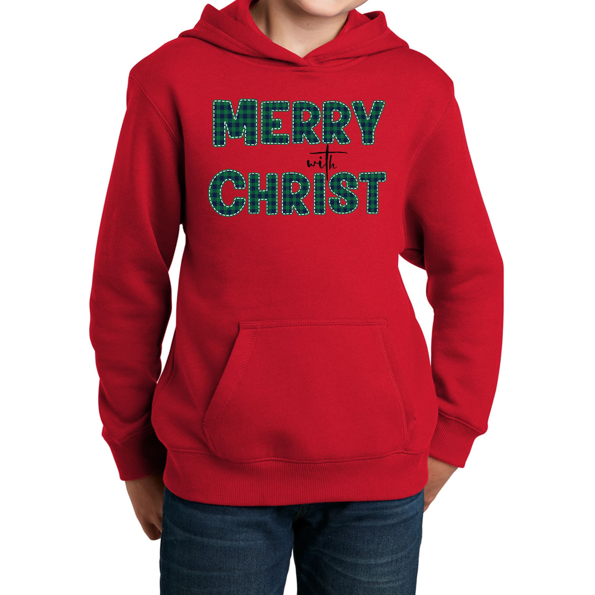 Youth long sleeve hoodie in green plaid with Merry with Christ design, perfect for Christmas celebrations.