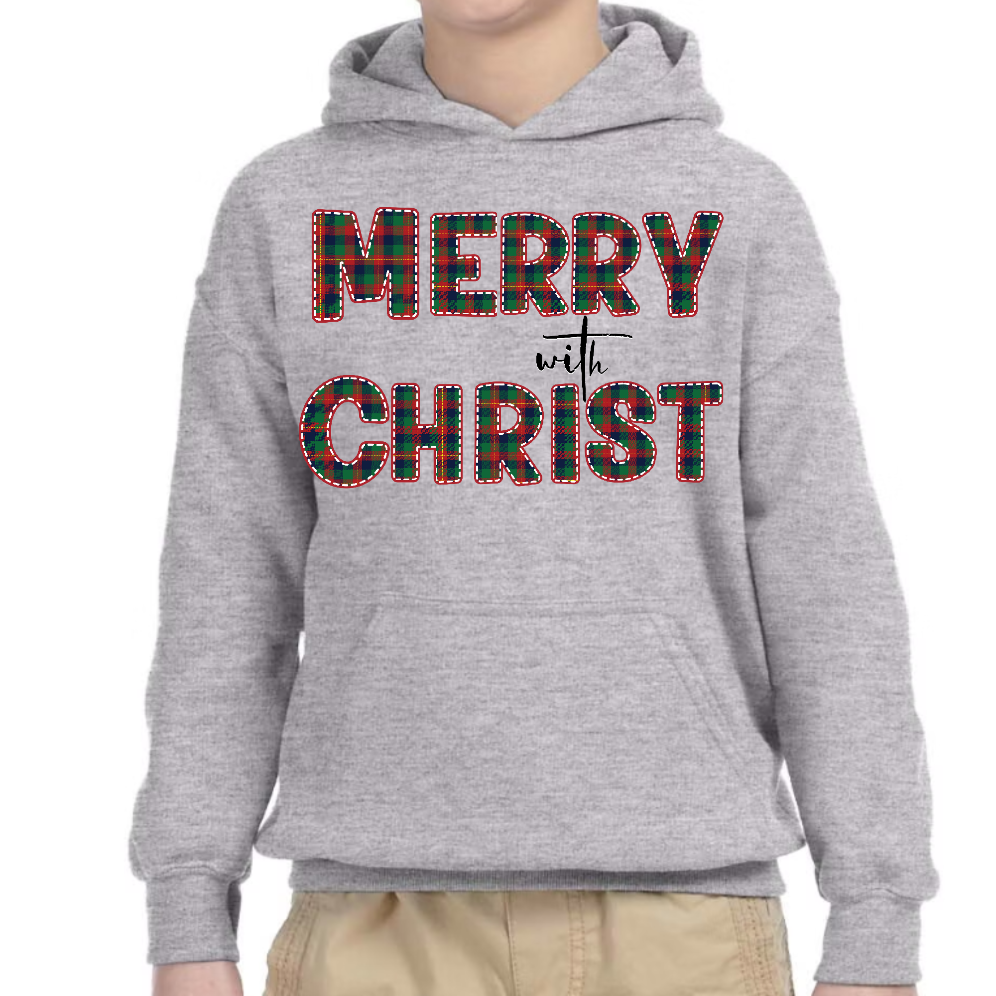 Youth long sleeve hoodie in red and green plaid with Merry with Christ graphic design, perfect for festive occasions.