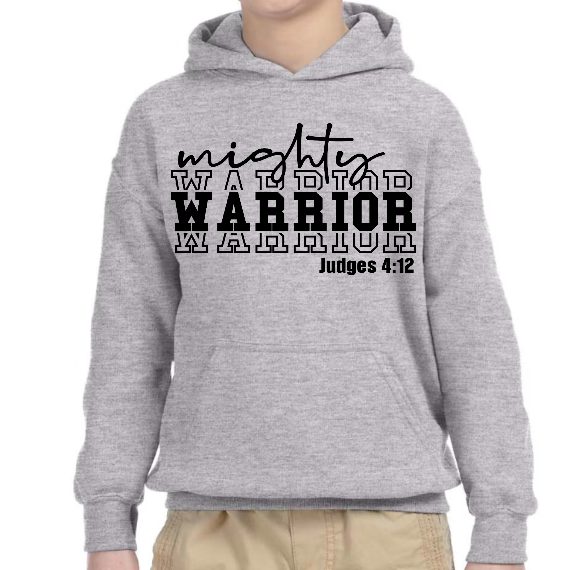 Youth long sleeve hoodie featuring a black Mighty Warrior illustration, showcasing a comfortable and stylish design for kids.