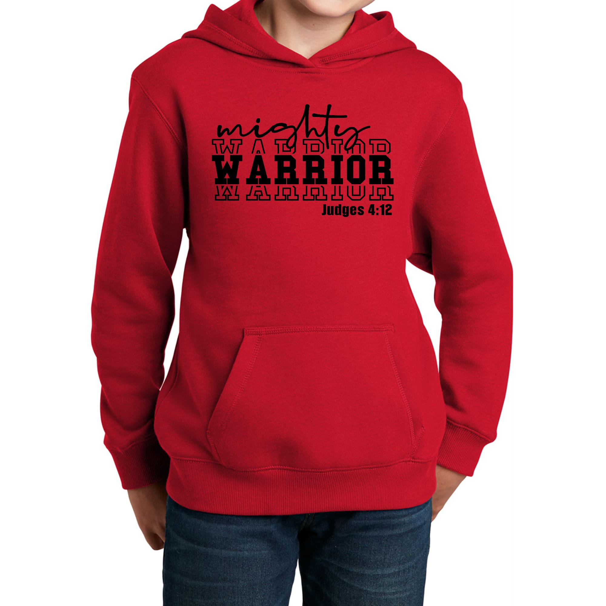 Youth long sleeve hoodie featuring a black Mighty Warrior illustration, showcasing a comfortable and stylish design for kids.