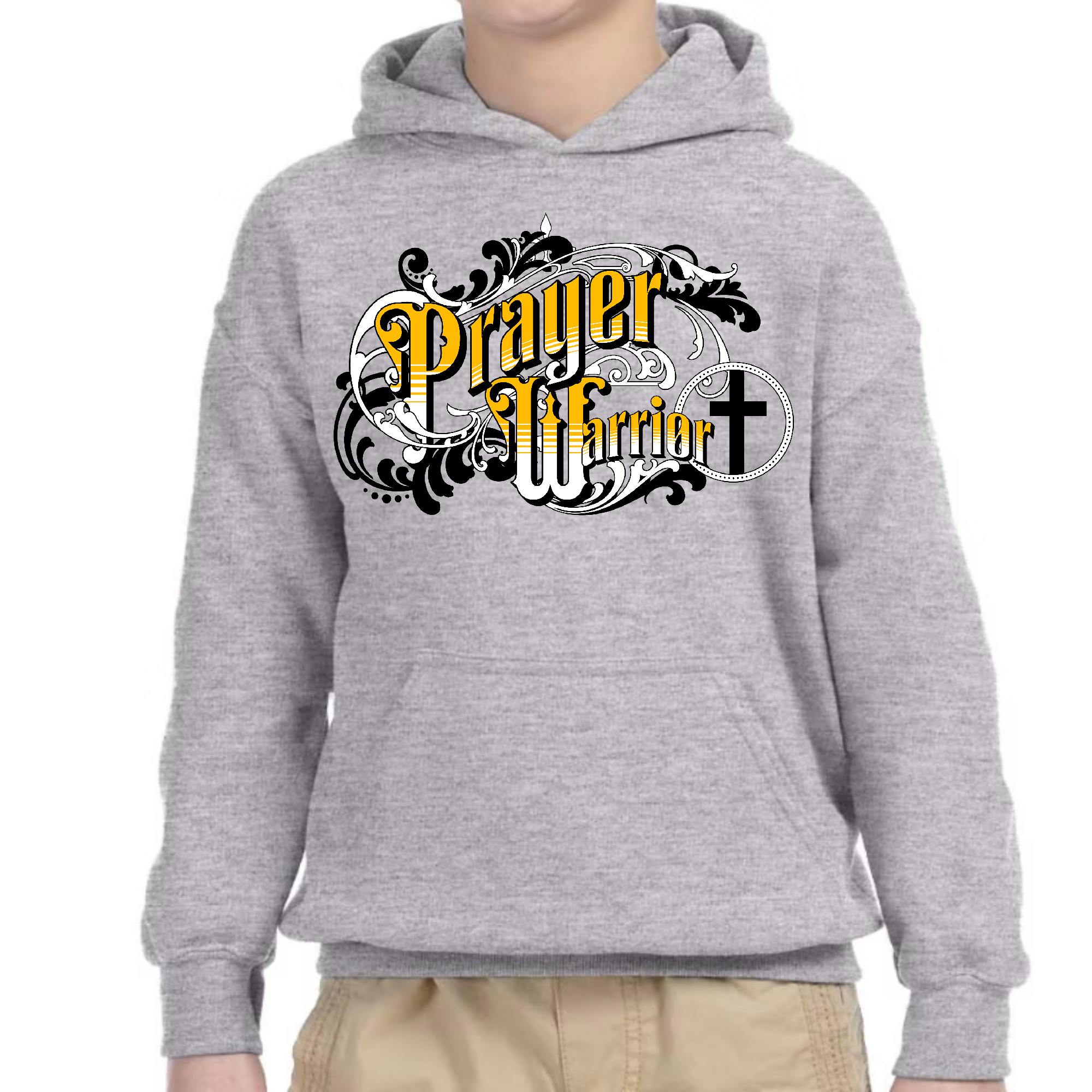 Youth long sleeve hoodie featuring a Prayer Warrior Victorian style illustration, showcasing a comfortable and stylish design for young individuals.