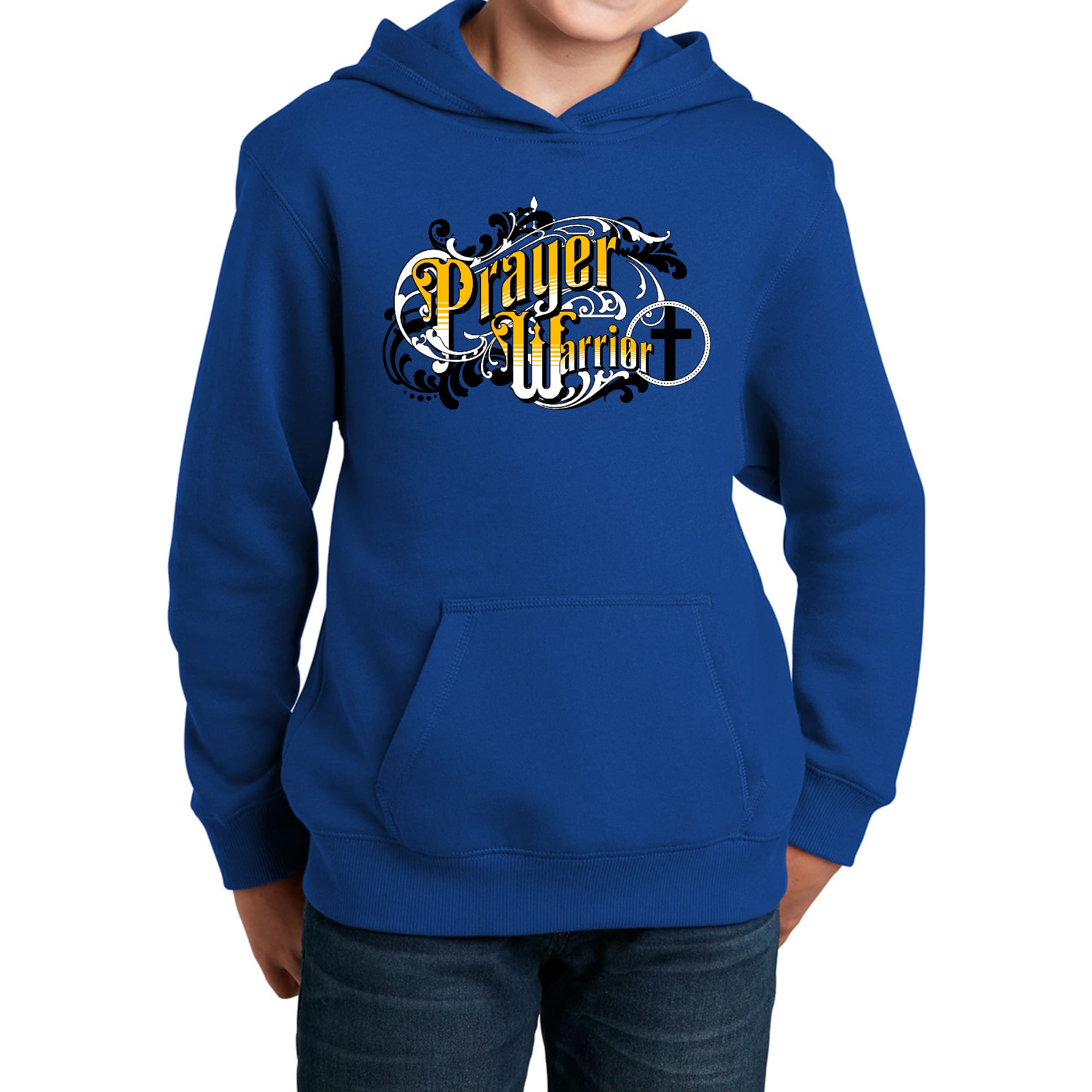 Youth long sleeve hoodie featuring a Prayer Warrior Victorian style illustration, showcasing a comfortable and stylish design for young individuals.