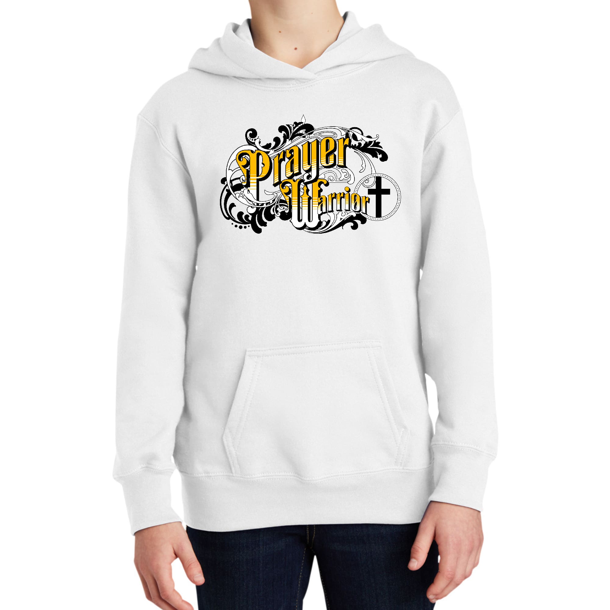 Youth long sleeve hoodie featuring a Prayer Warrior Victorian style illustration, showcasing a comfortable and stylish design for young individuals.