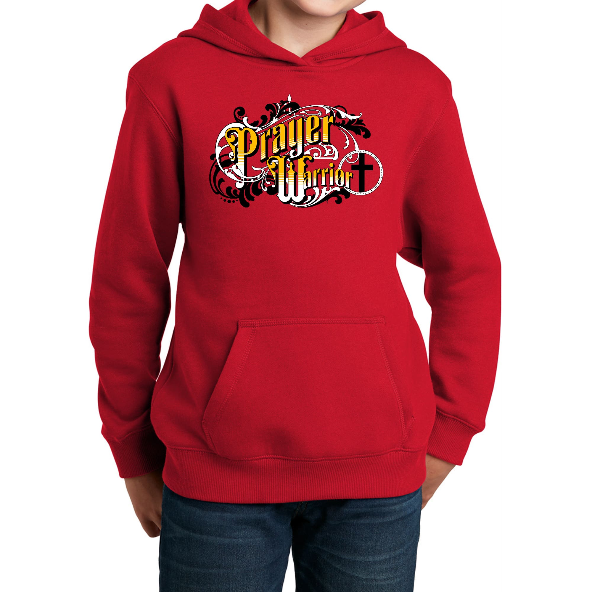 Youth long sleeve hoodie featuring a Prayer Warrior Victorian style illustration, showcasing a comfortable and stylish design for young individuals.