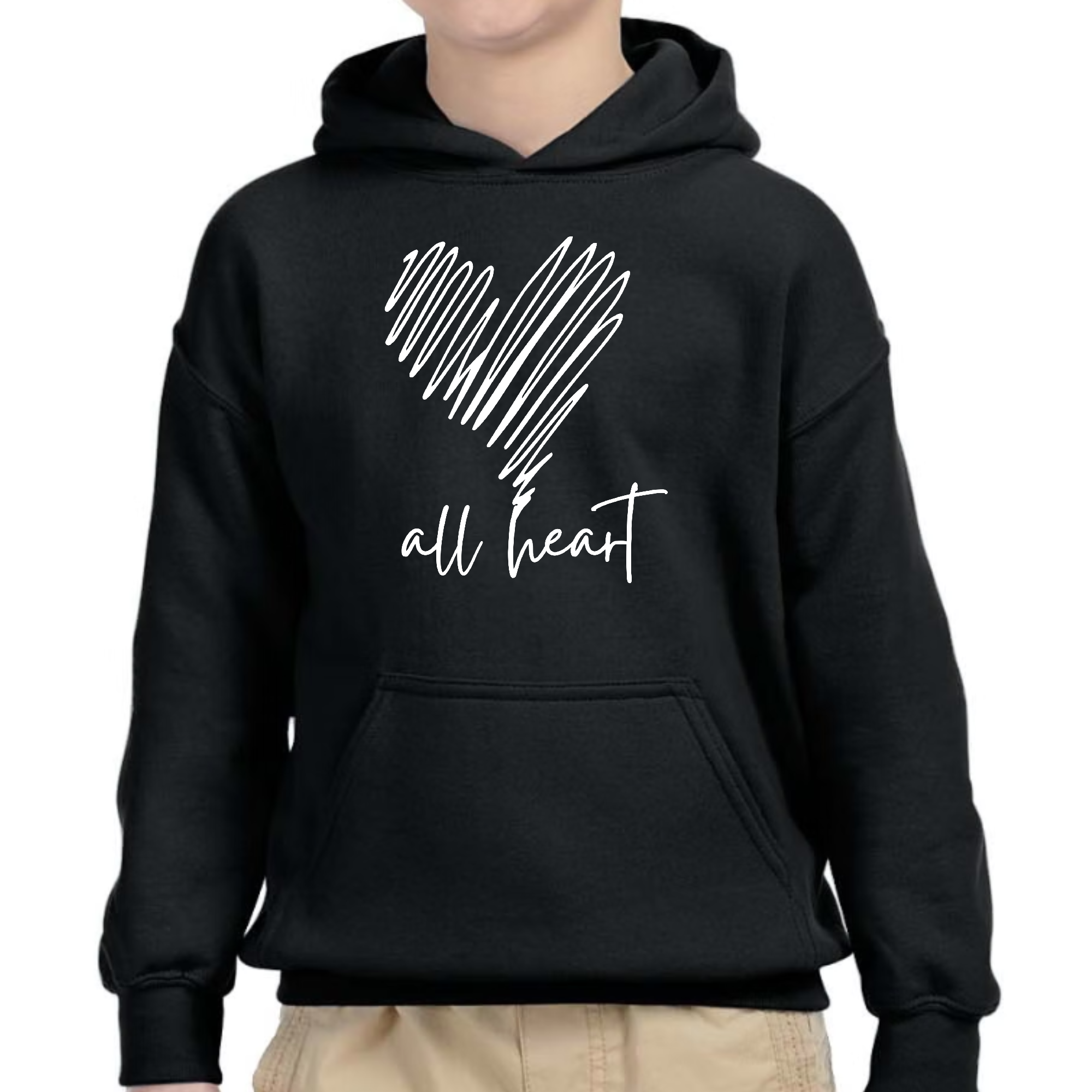 Youth long sleeve hoodie featuring All Heart line art print, showcasing a stylish and comfortable design for kids.