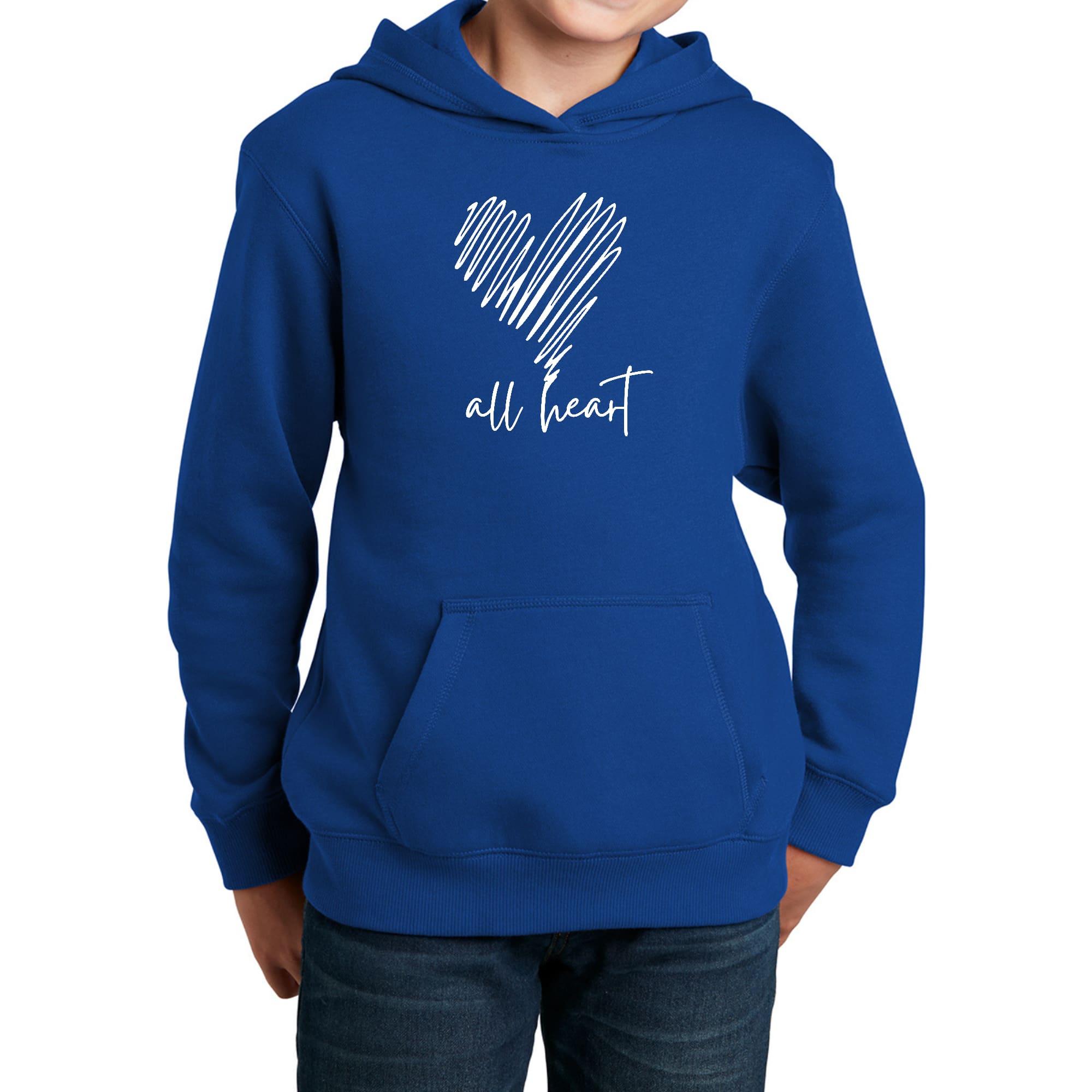 Youth long sleeve hoodie featuring All Heart line art print, showcasing a stylish and comfortable design for kids.