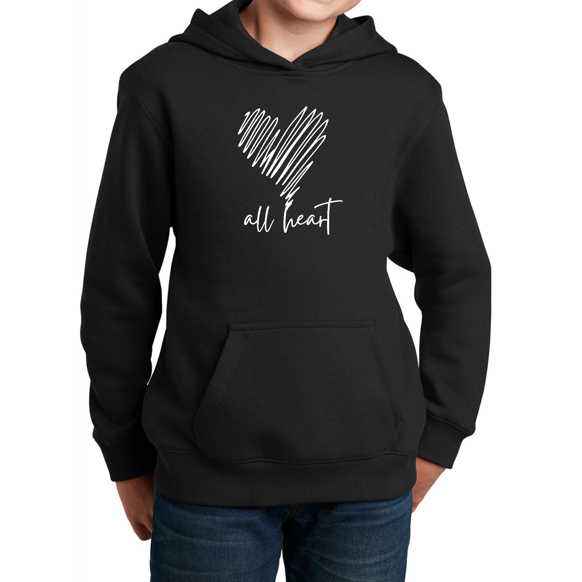 Youth long sleeve hoodie featuring All Heart line art print, showcasing a stylish and comfortable design for kids.