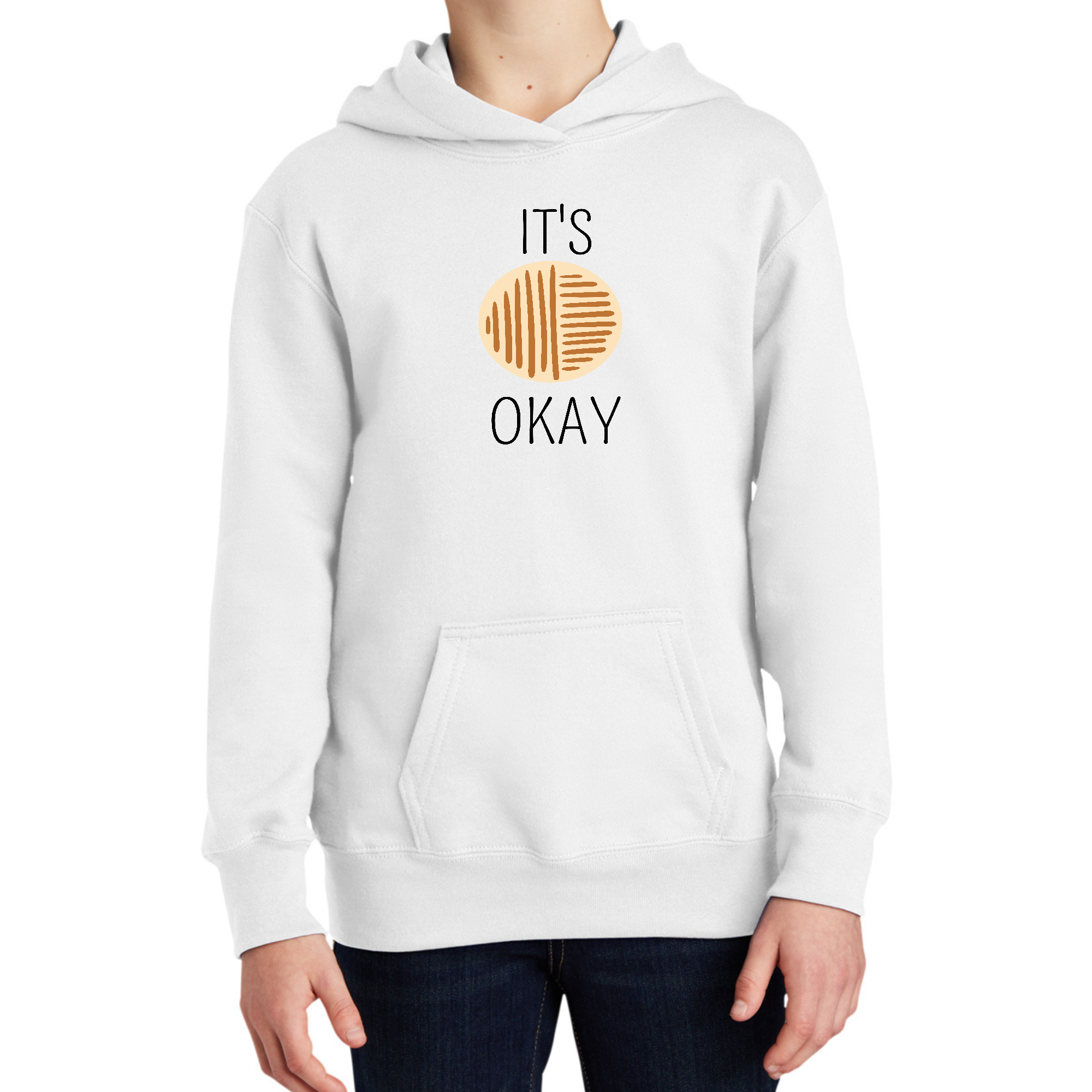 Youth long sleeve hoodie in black and brown with positive affirmation design, featuring a drawstring neckline and ribbed cuffs.