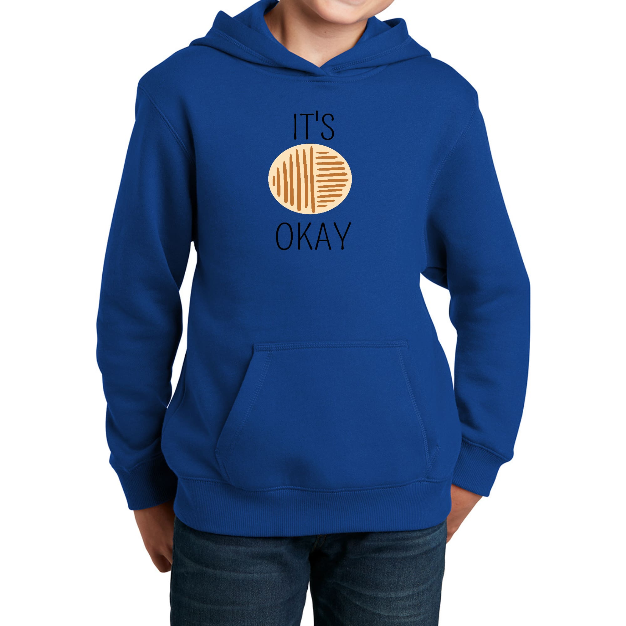 Youth long sleeve hoodie in black and brown with positive affirmation design, featuring a drawstring neckline and ribbed cuffs.