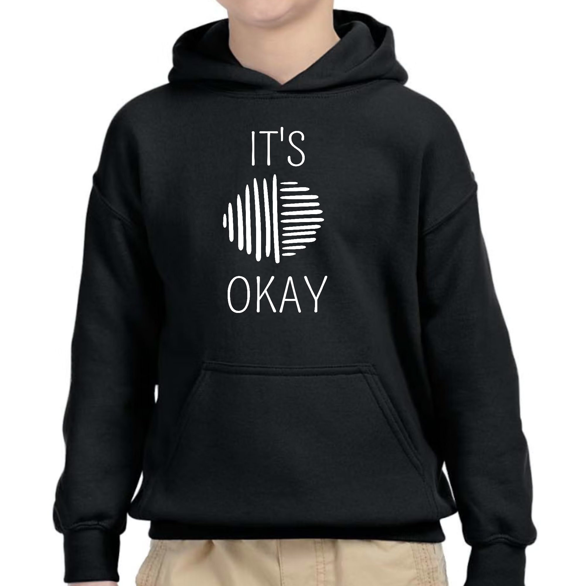 Youth long sleeve hoodie featuring white line art design, perfect for boys and girls, showcasing comfort and style.