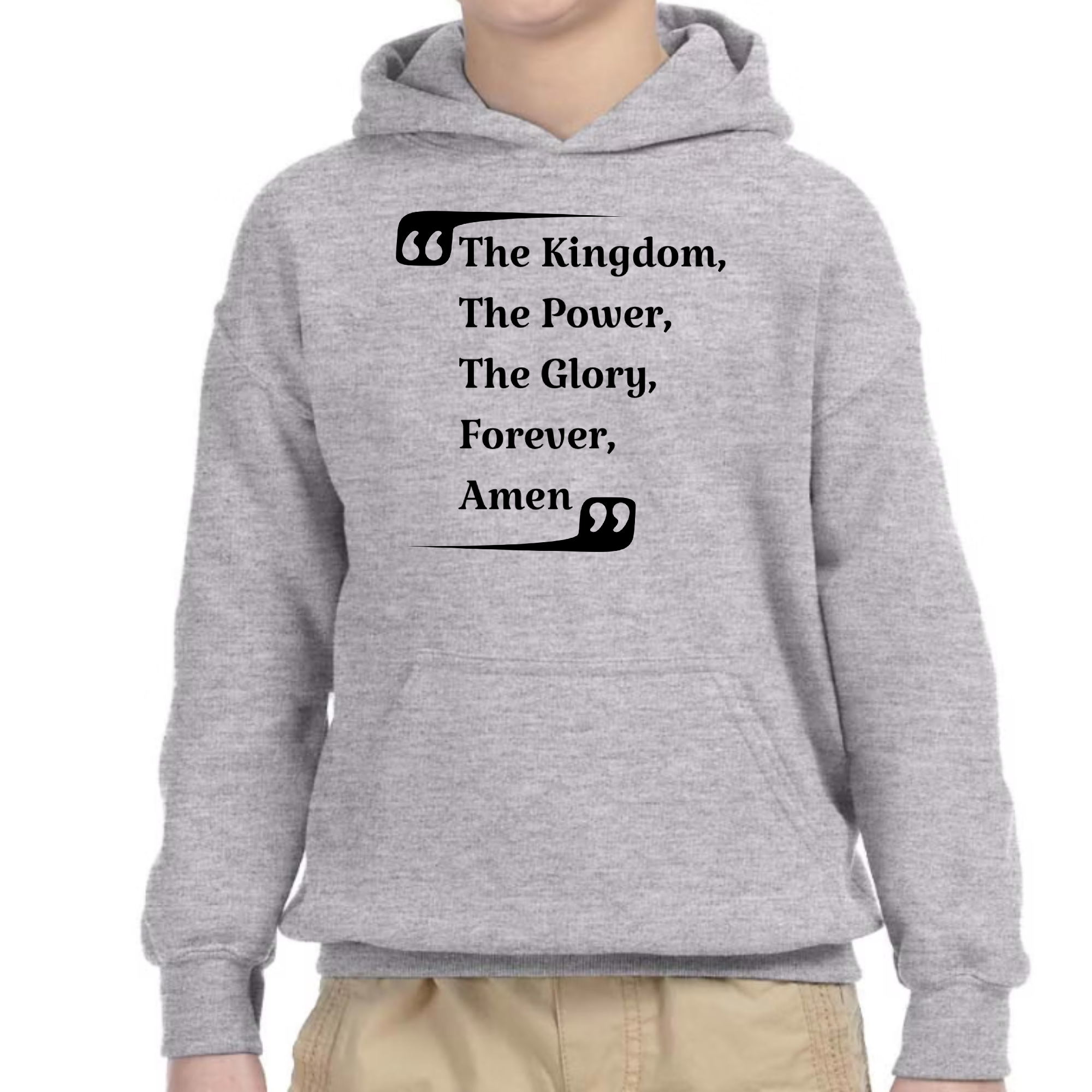 Youth Long Sleeve Hoodie with graphic 'The Kingdom, The Power, The Glory Forever Amen', showcasing its soft fabric and unisex design.