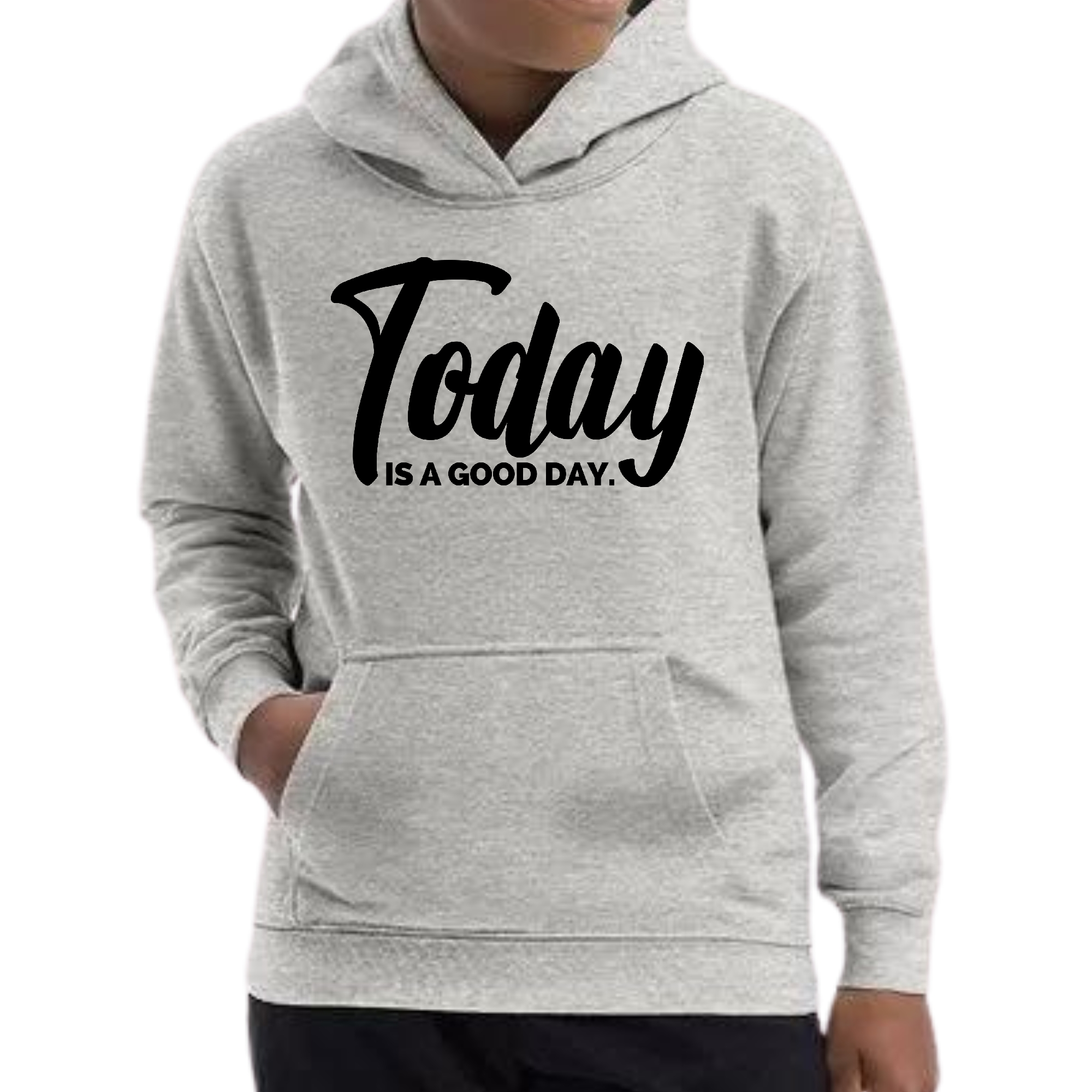 Youth long sleeve hoodie in black featuring the inspirational phrase 'Today is a Good Day' illustrated on the front.