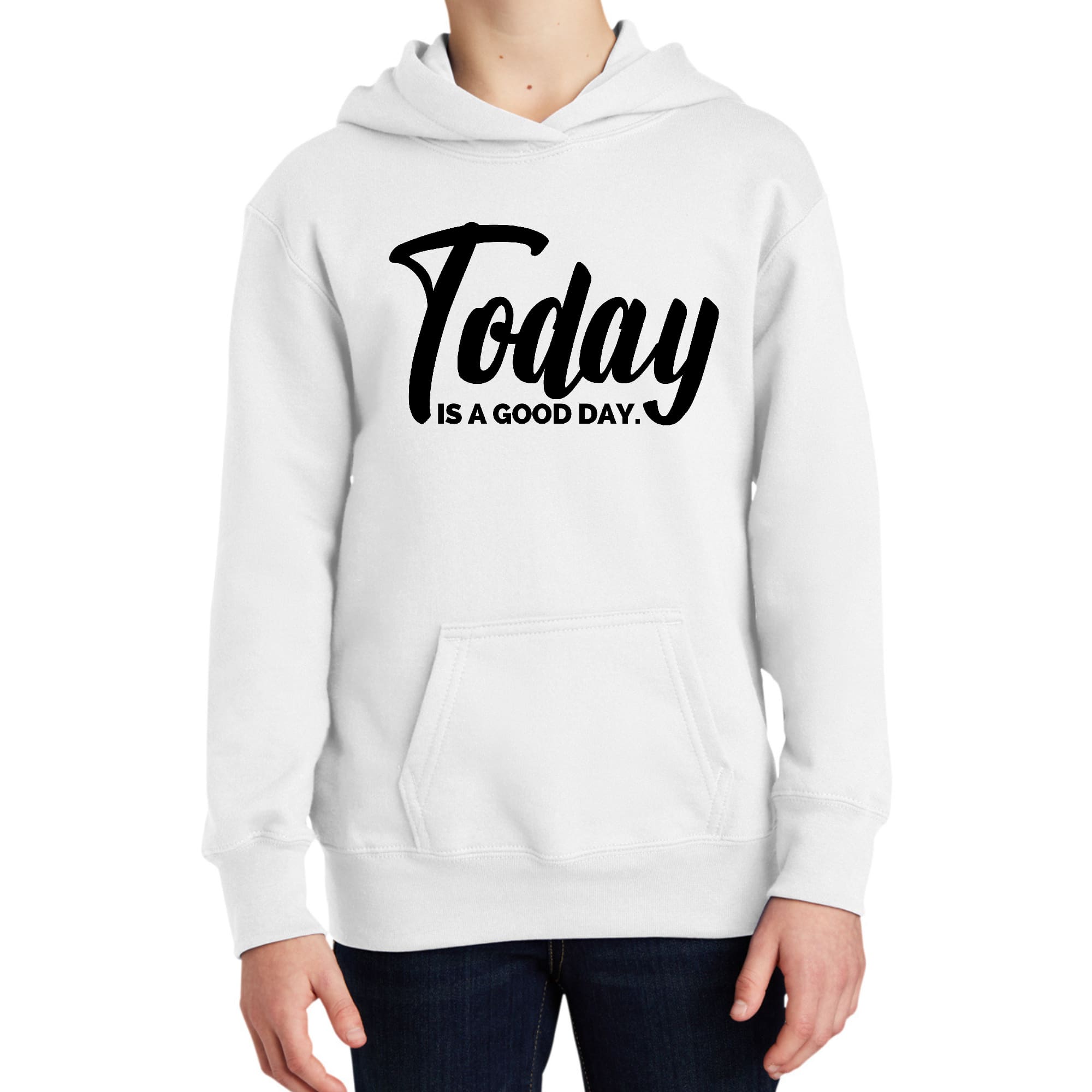 Youth long sleeve hoodie in black featuring the inspirational phrase 'Today is a Good Day' illustrated on the front.