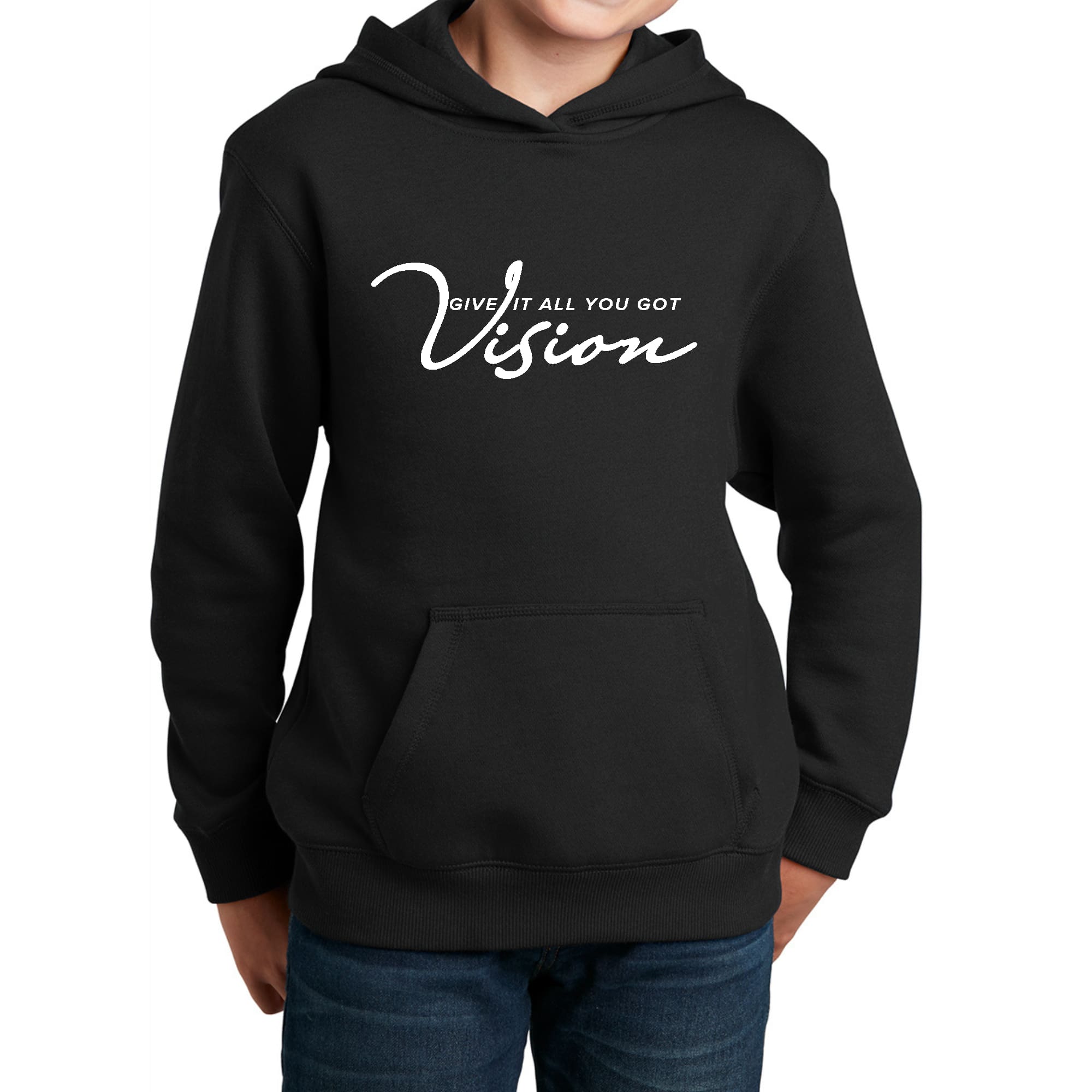 Youth Long Sleeve Hoodie Vision in vibrant colors with a drawstring neckline, perfect for active boys.