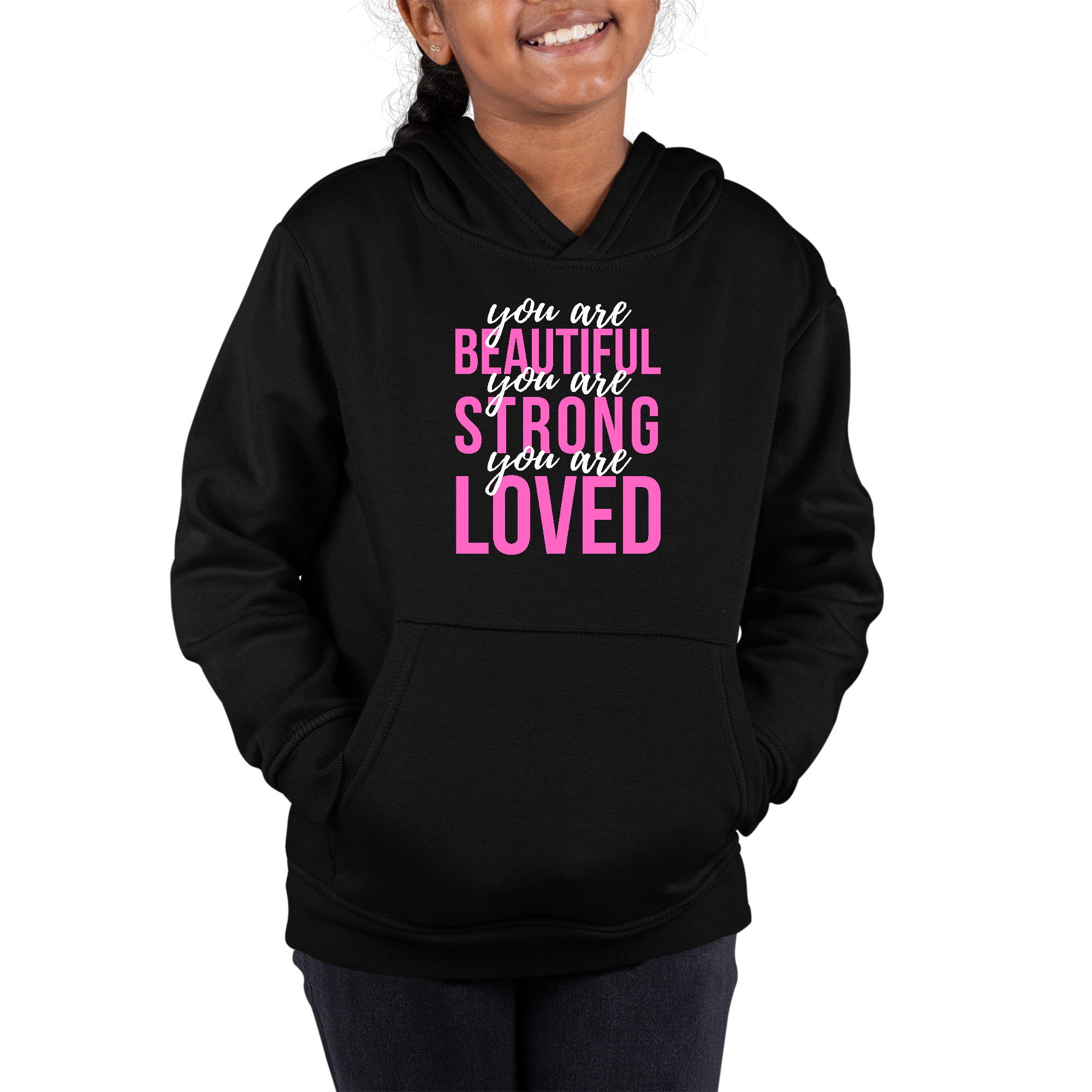 Youth long sleeve hoodie in pink and white with inspirational affirmations, featuring a drawstring neckline and long sleeves.