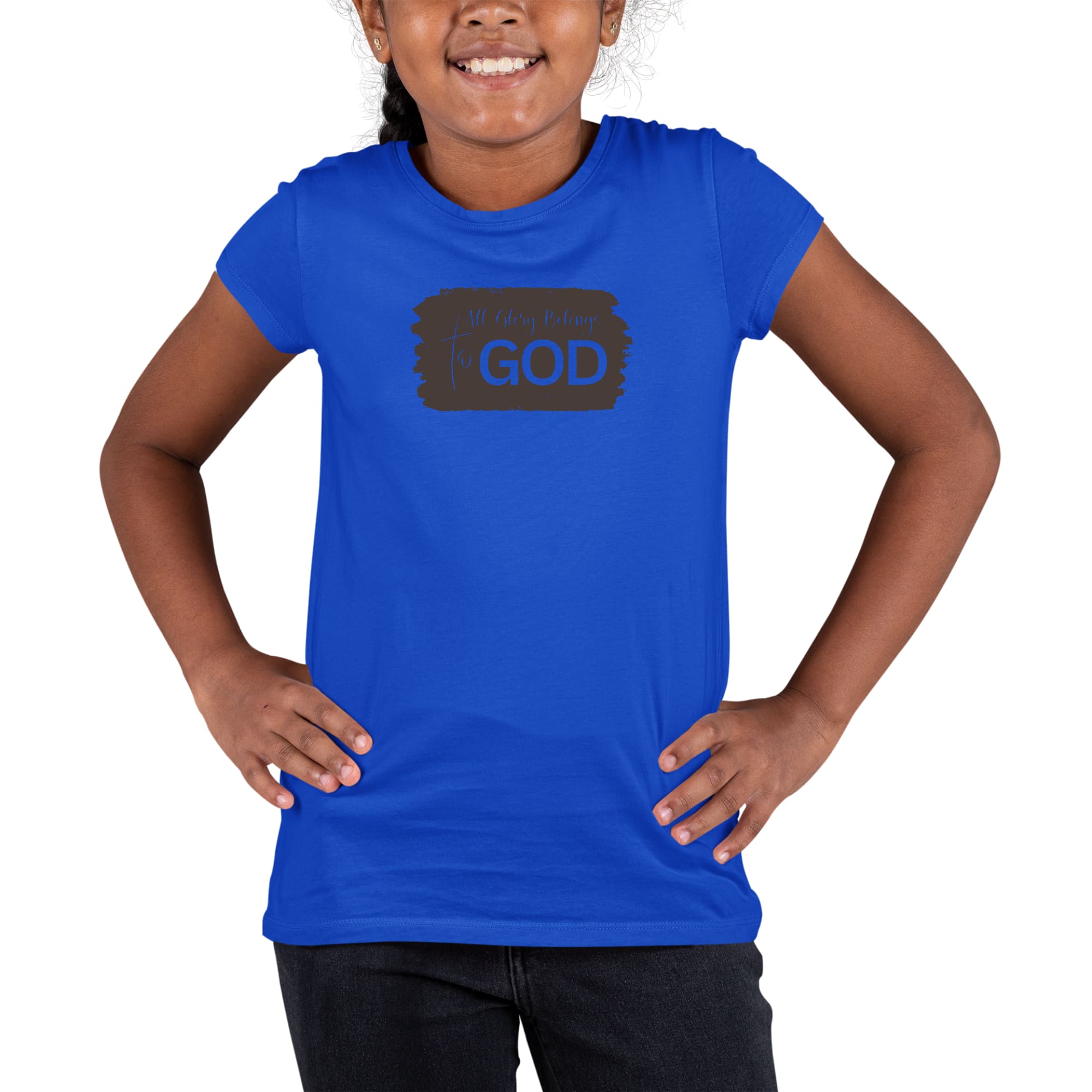 Youth short sleeve graphic t-shirt in brown featuring 'All Glory Belongs to God' illustration, made from soft preshrunk cotton.