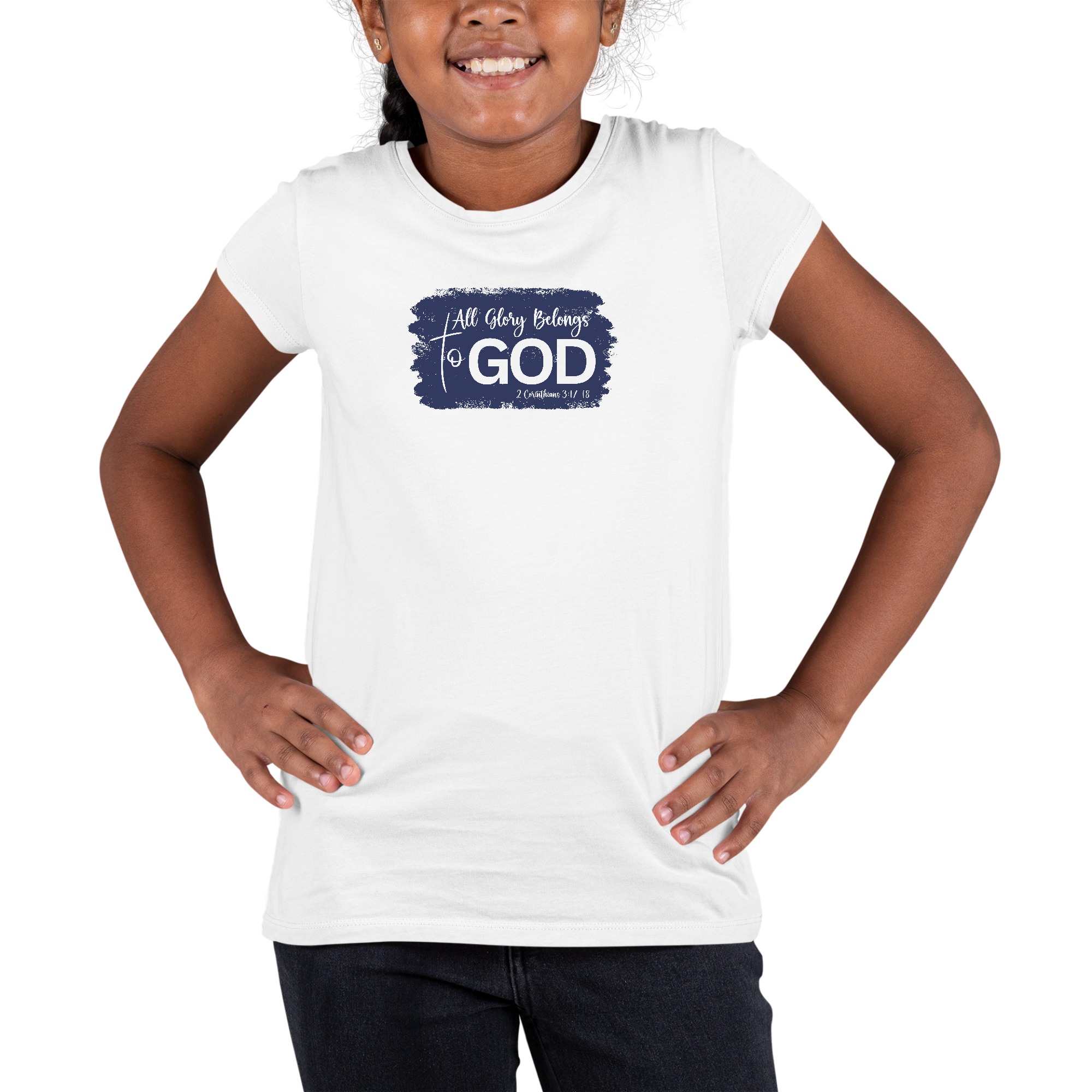 Youth Short Sleeve Graphic T-shirt in navy featuring 'All Glory Belongs to God' Christian illustration, made from soft preshrunk cotton.