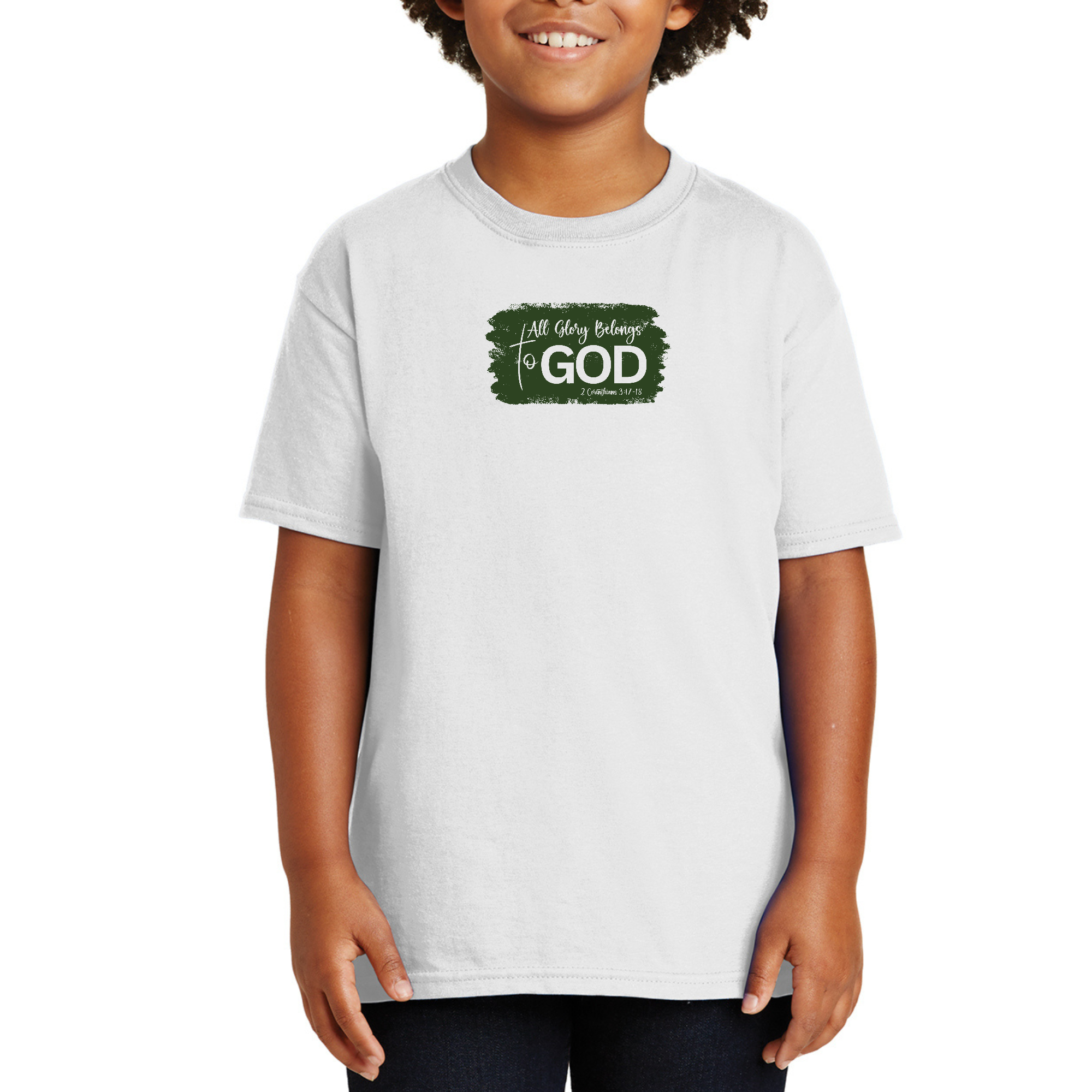 Youth Short Sleeve Graphic T-shirt in dark green with 'All Glory Belongs to God' Christian illustration, made from soft preshrunk cotton.