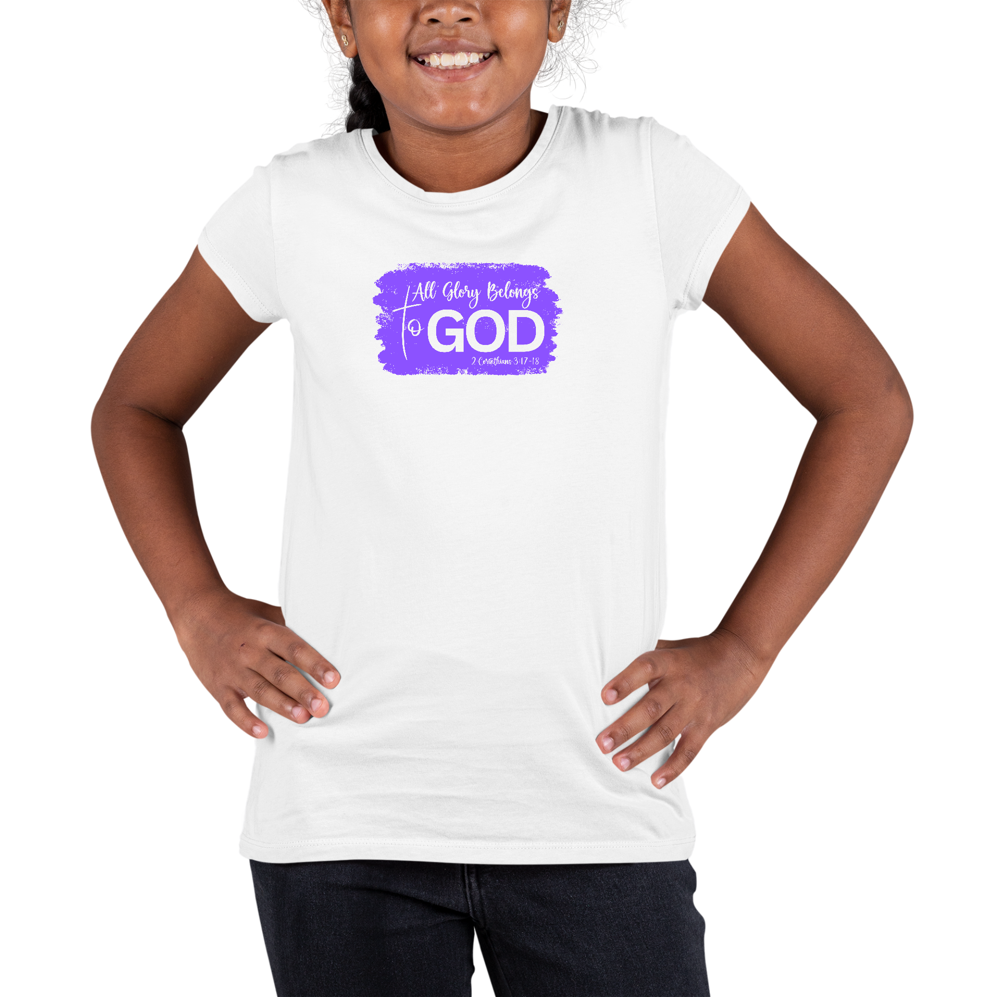 Youth Short Sleeve Graphic T-shirt in lavender featuring 'All Glory Belongs to God' design, made from soft preshrunk cotton.