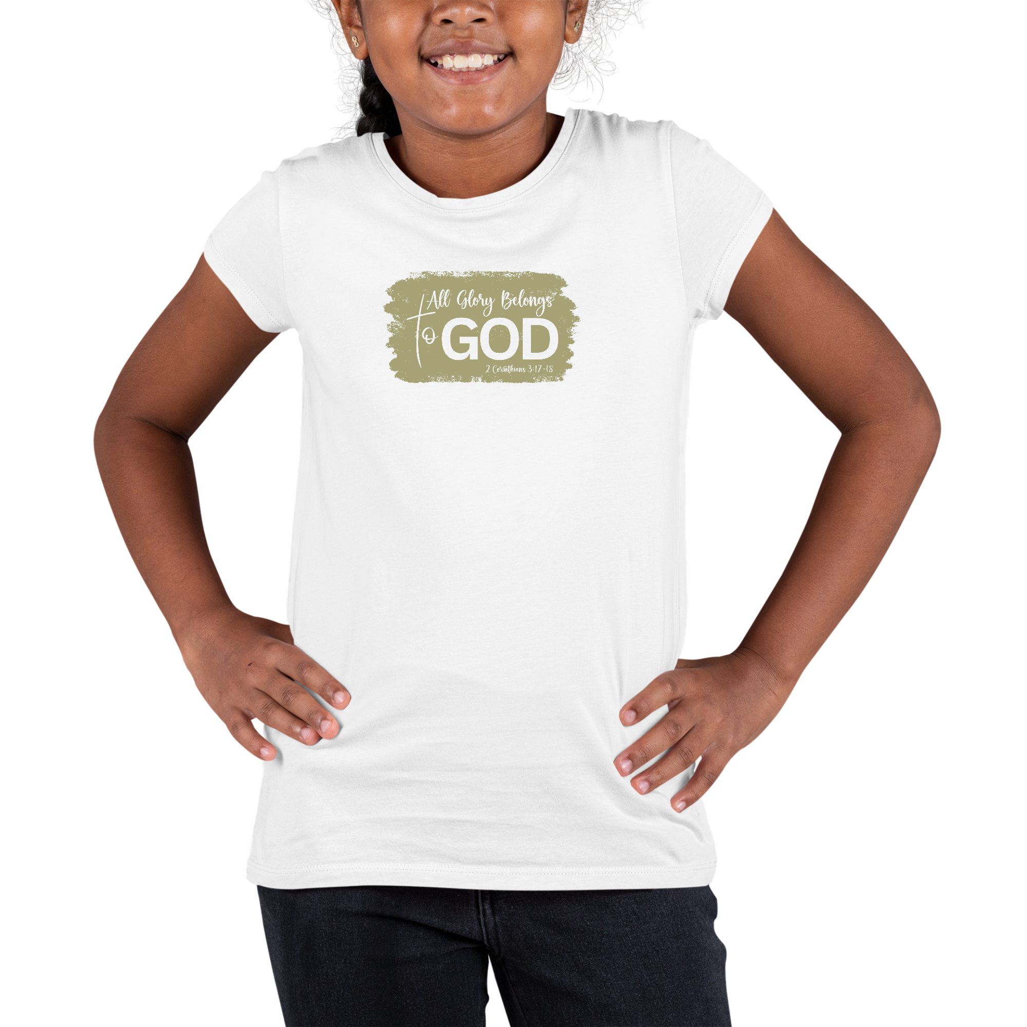 Youth olive green short sleeve graphic T-shirt with 'All Glory Belongs to God' printed design, made from soft preshrunk cotton.