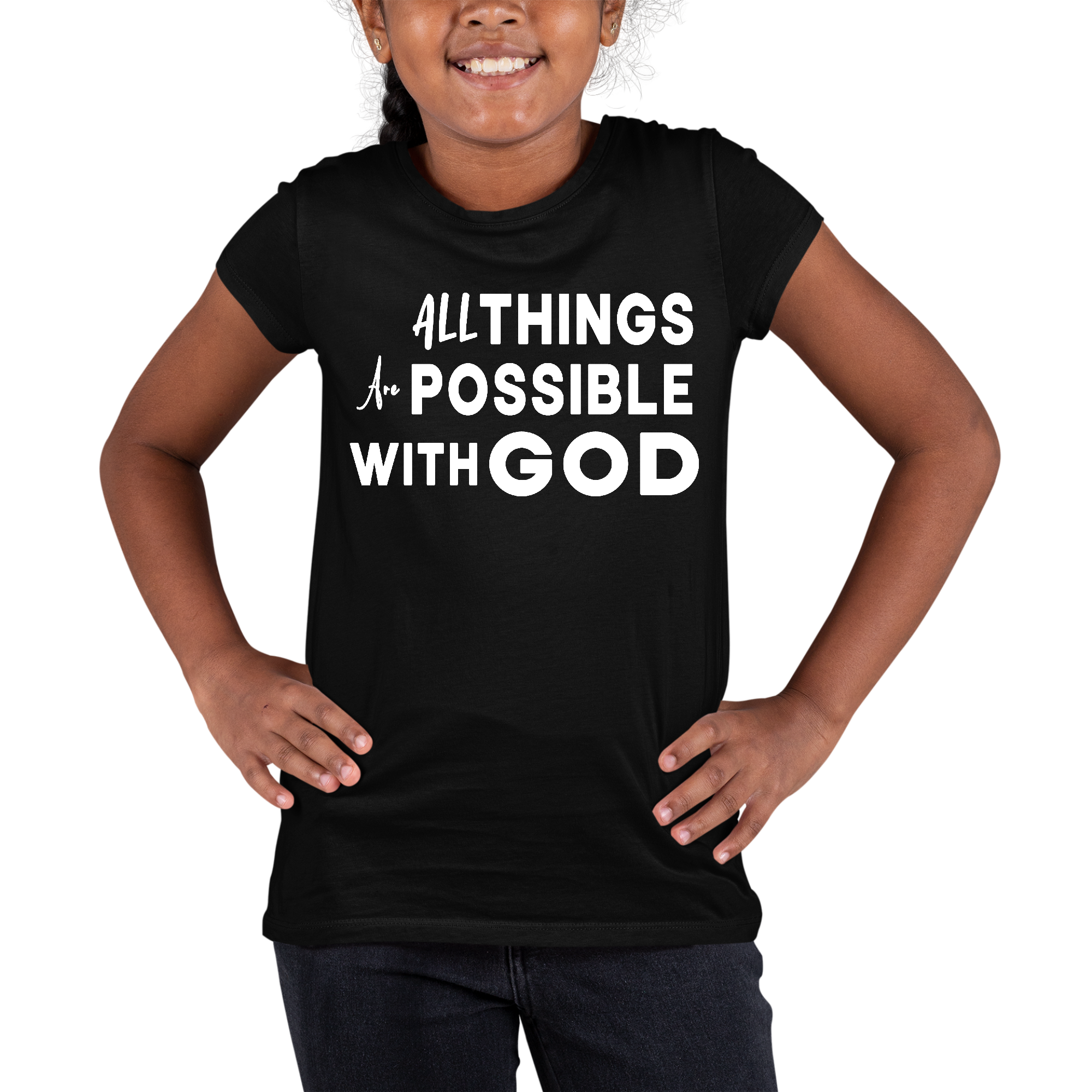 Youth Short Sleeve Graphic T-shirt with 'All Things are Possible with God' print, made from soft preshrunk cotton, suitable for men and women.