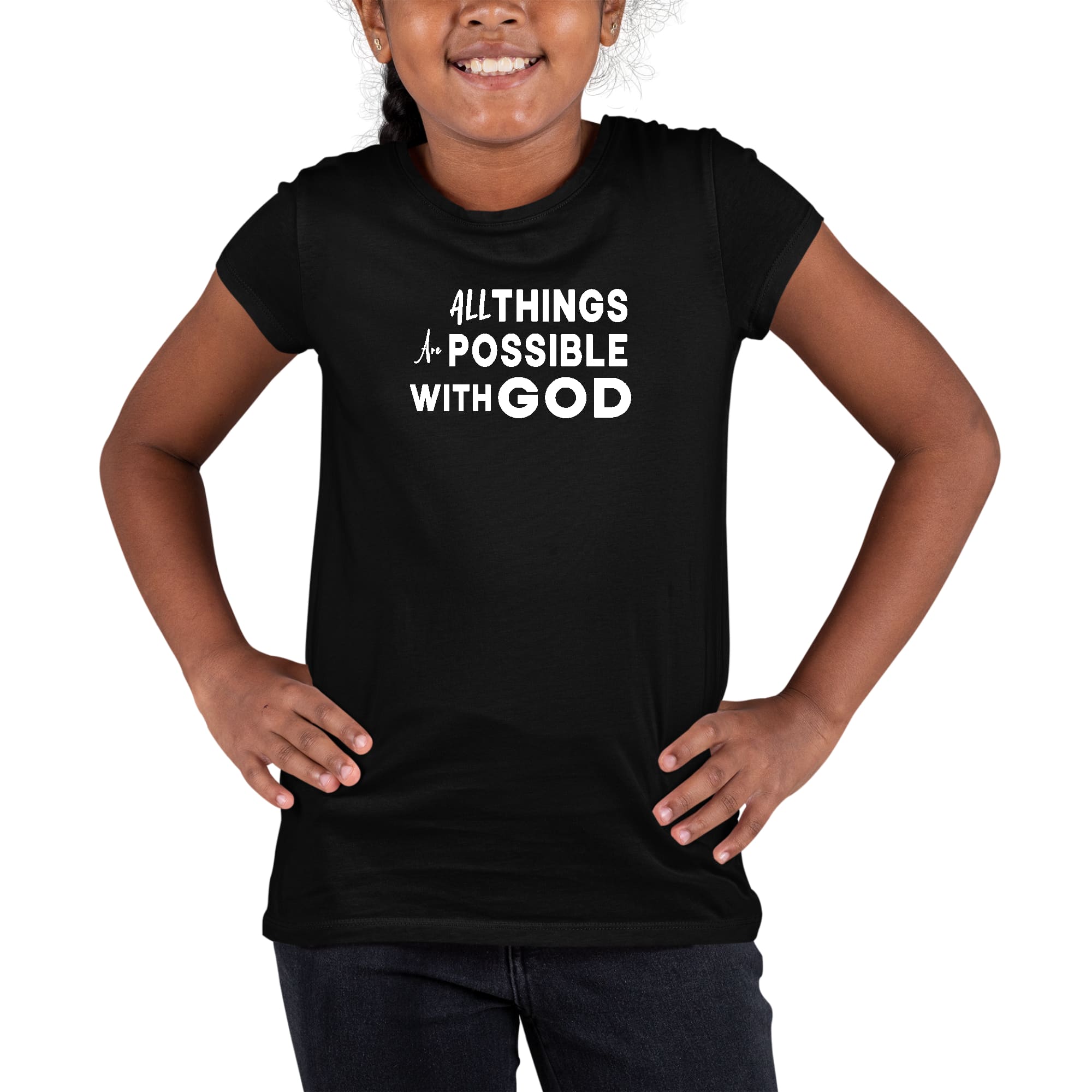 Youth Short Sleeve Graphic T-shirt with 'All Things are Possible with God' print, made from soft preshrunk cotton, suitable for men and women.