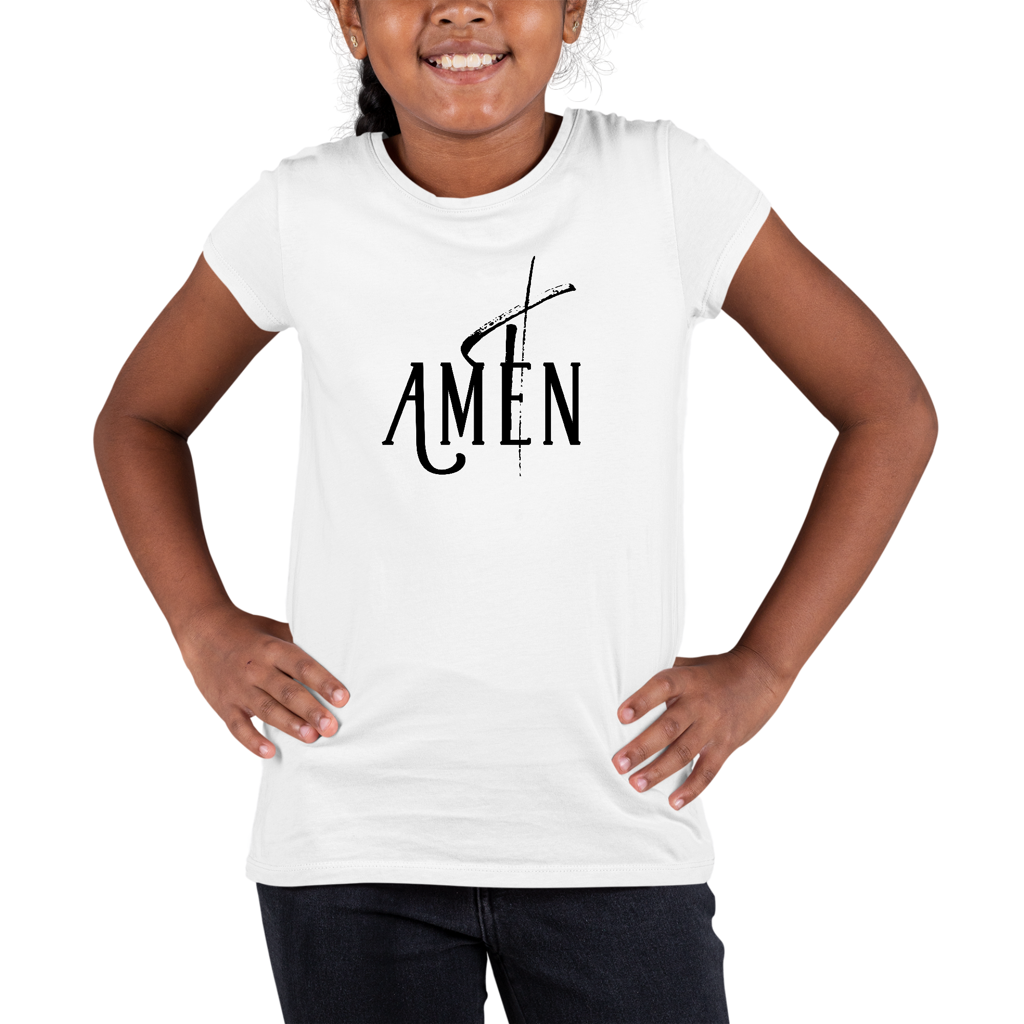 Youth Short Sleeve Graphic T-shirt featuring AMEN black print on a soft cotton fabric, perfect for casual wear.