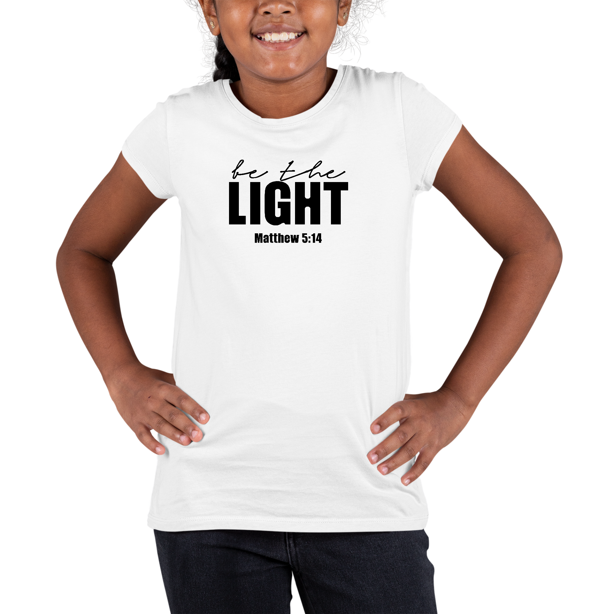 Youth Short Sleeve Graphic T-shirt in black featuring 'Be The Light' inspirational art illustration, made from soft preshrunk cotton.